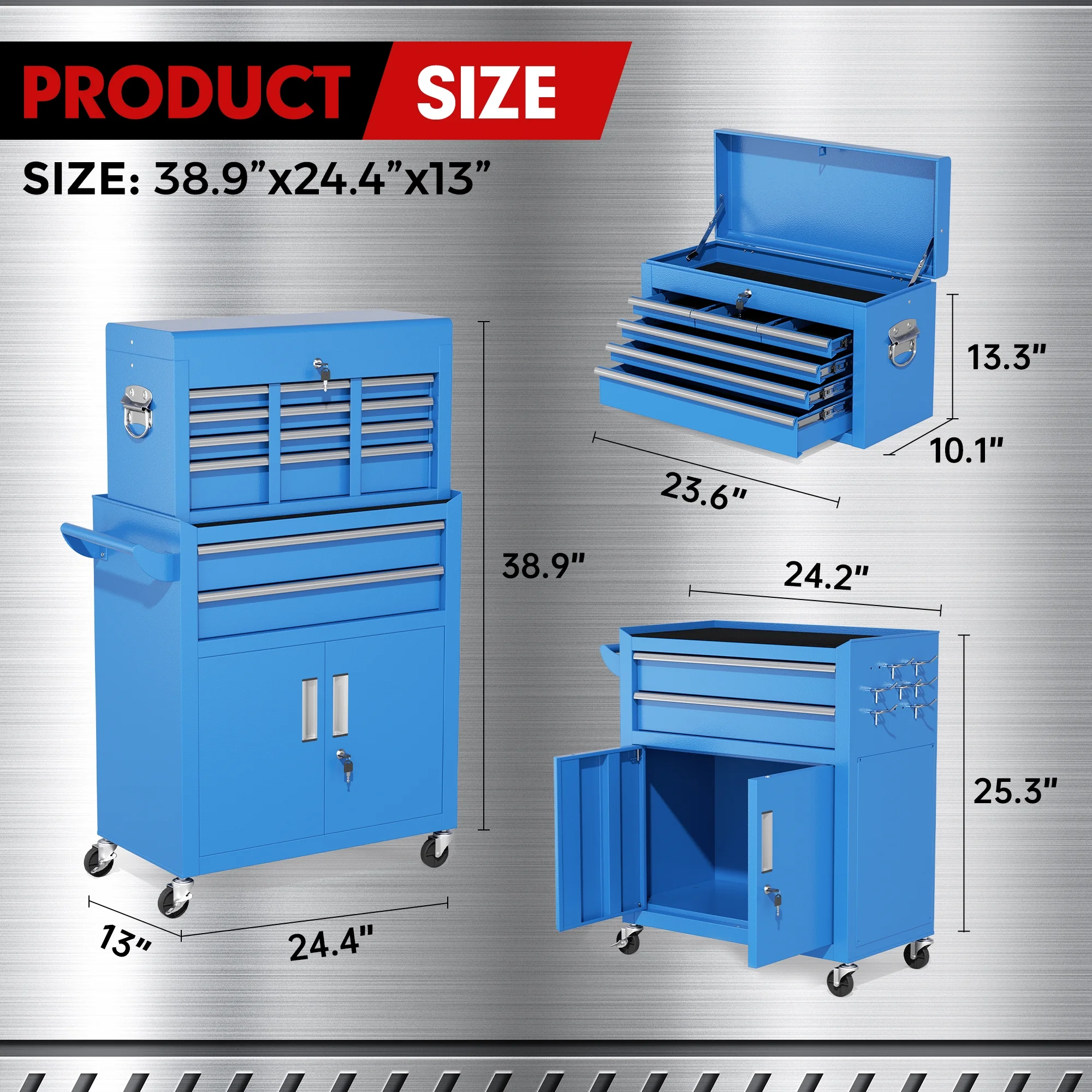 SUNCROWN 2-IN-1 Tool Chest, 8-Drawer Rolling Tool Chest with Hooks and Lockable Wheels,Metal Storage Detachable Top Tool Box with Lockable Wheels for Garage, Workshop, Art Studio(Black) - Image 79