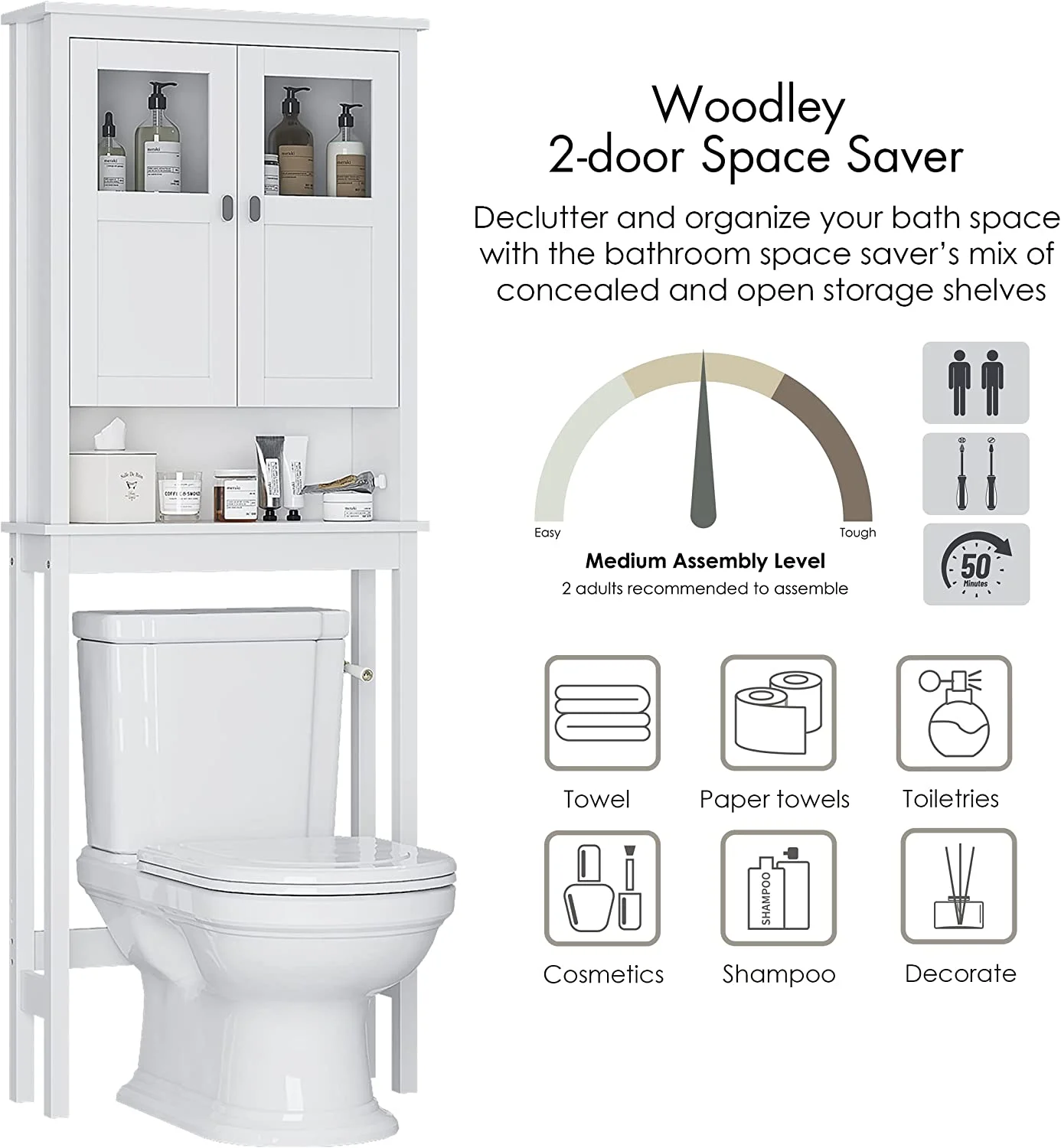 Spirich Bathroom Cabinet Over Toilet, Bathroom Storage Cabinet with Glass Doors and Adjustable Shelves, Over The Toilet Storage Cabinet, White - Image 5
