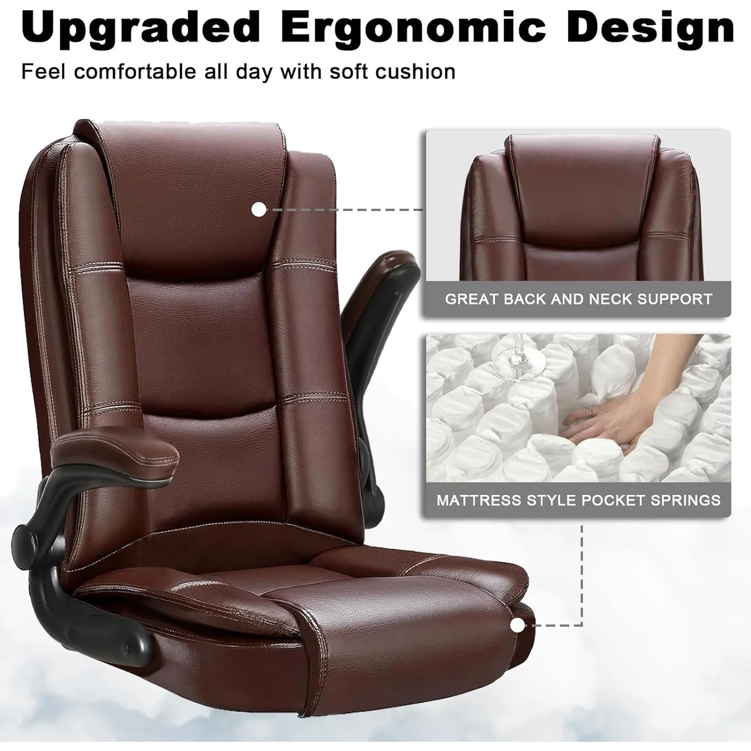 Big and Tall Ergonomic Office Chair, High Back Leather Executive Computer Chair with Padded Flip-Up Arms - Image 7