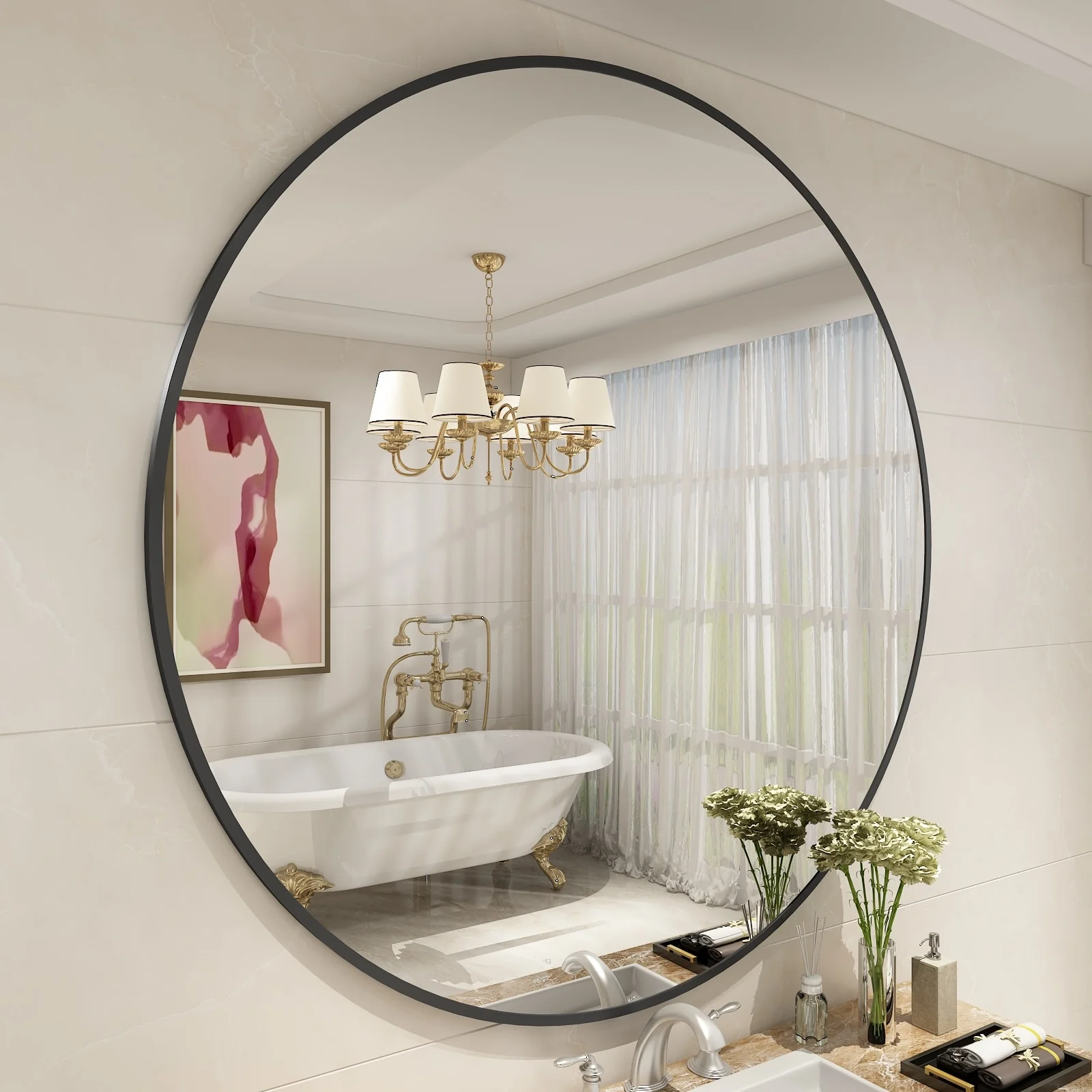 Round Metal Black Frame Bathroom Vanity Mirror, Wall Mounted Decorative Mirror - Image 10