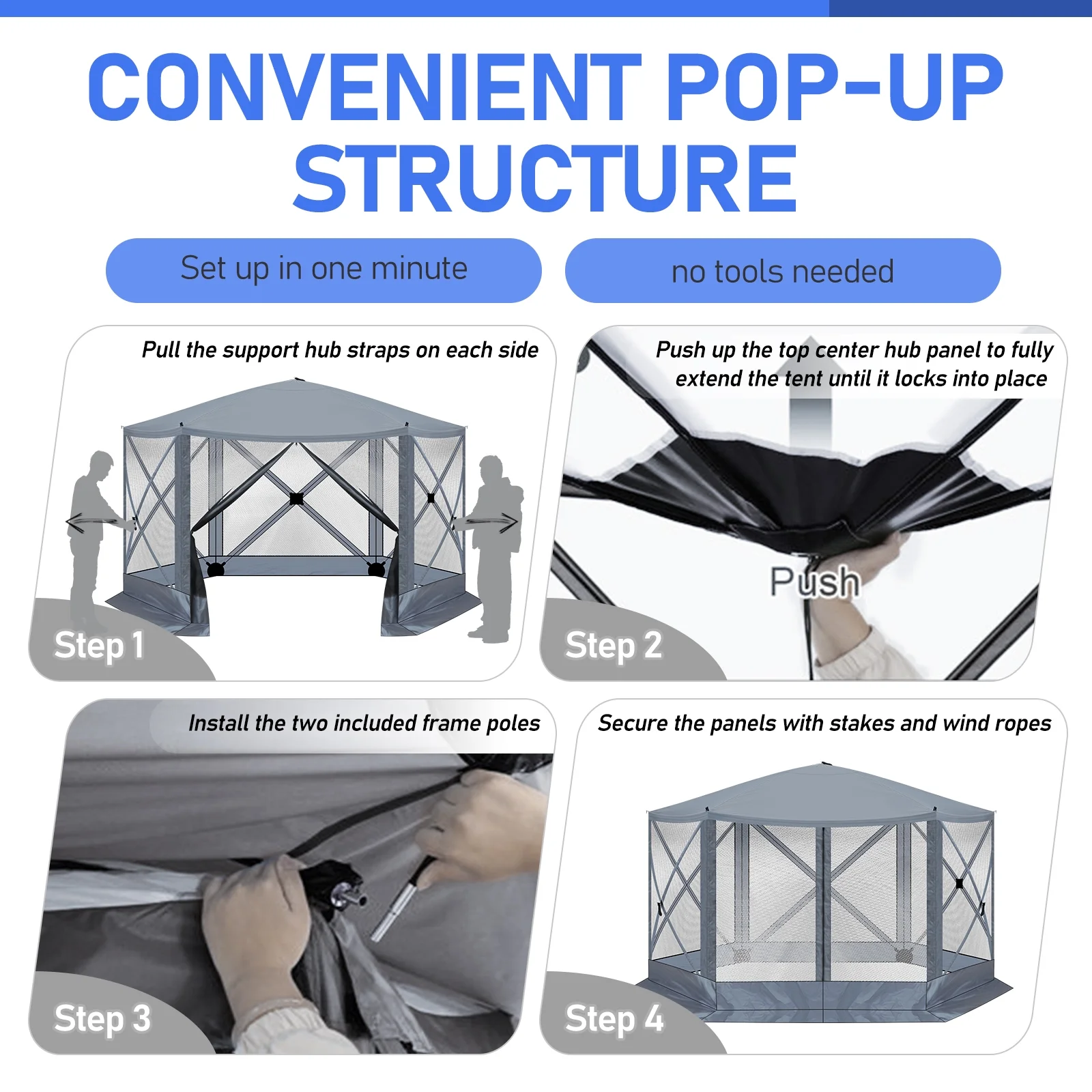 12FT x 12FT Heavy Duty Canopy Tent w/Mosquito Netting, Pop up Canopy with Mesh Sidewalls, Patio Tent with Carry Bag, Easy up Screen Canopy for Parties Camping, Gray - Image 4