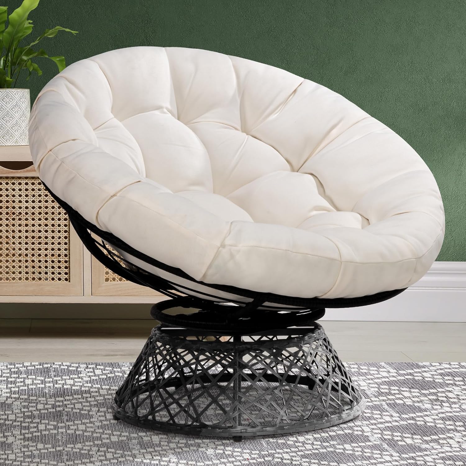 40" Wicker Papasan Chair, 360° Swivel, Arctic Snow, Brown Base - Image 4