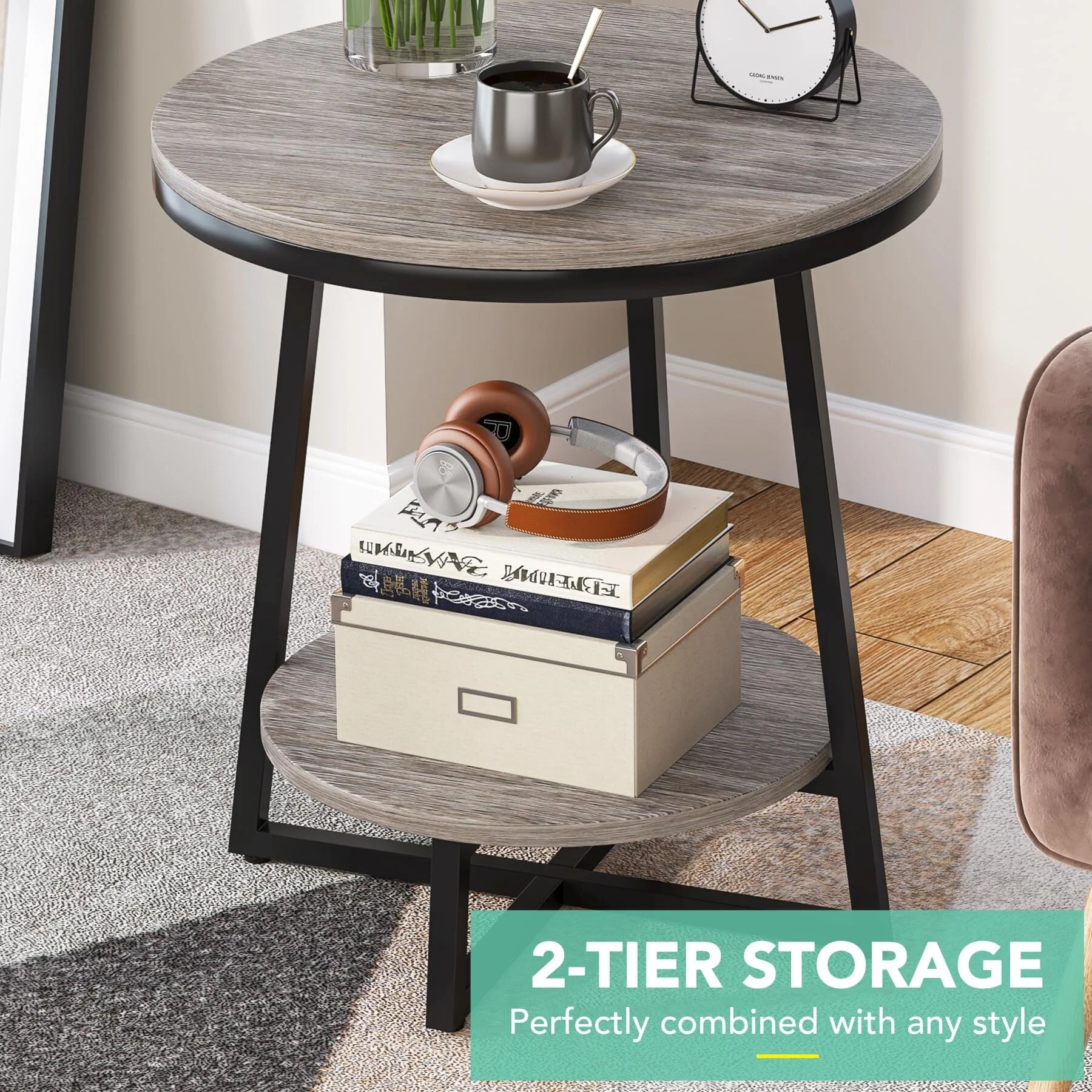 Industrial Round End Table, Small Side Table and Accent Coffee Table for Living Room and Bedroom - Image 14