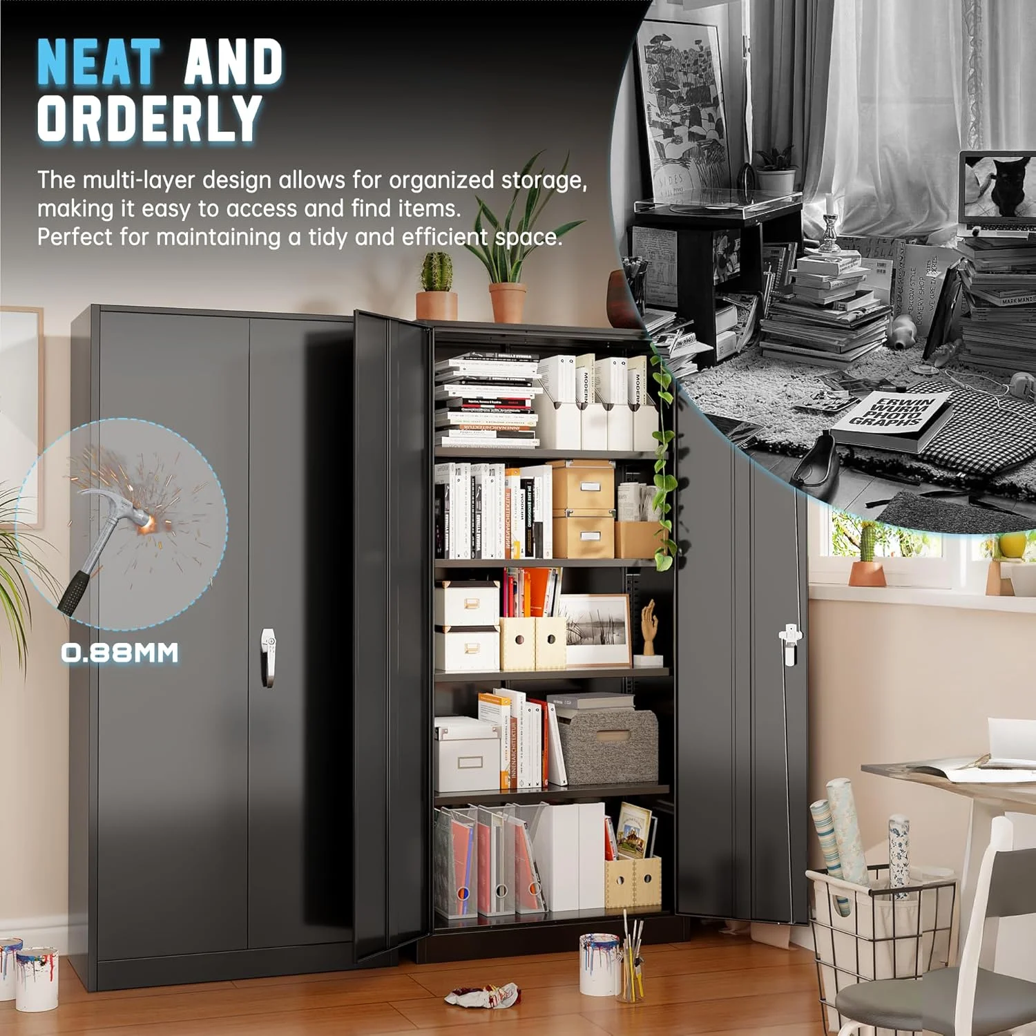 SOLAURA Metal Storage Cabinet with Wheels, 73" Garage Rolling Cabinet with Locking Door and 4 Shelves, Tool Cabinet on Caster for Home, Office, Black - Image 30