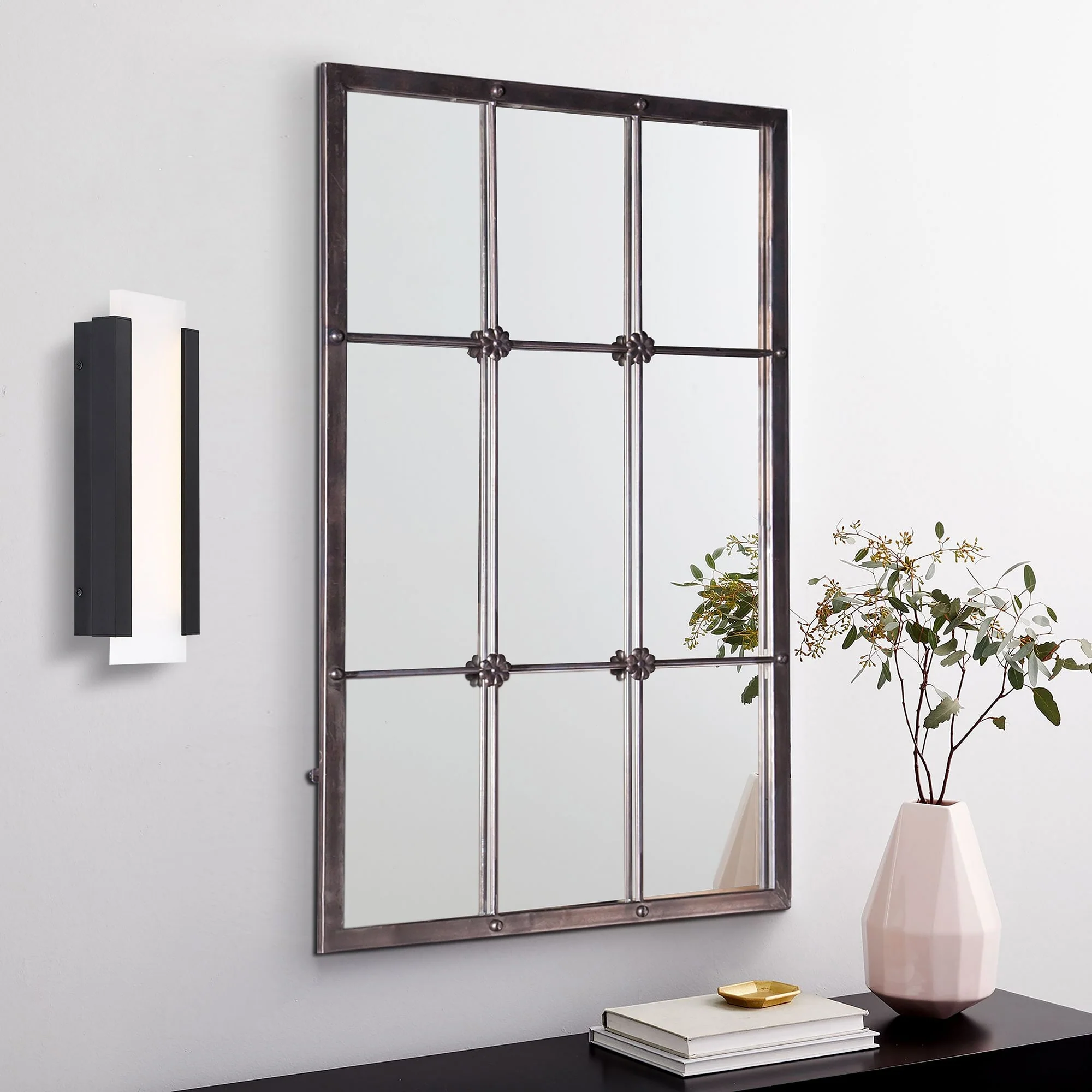 Rustic Brown Windowpane Wall Mirror with Metal Frame, 37.75" H x 23.8" W - Image 2