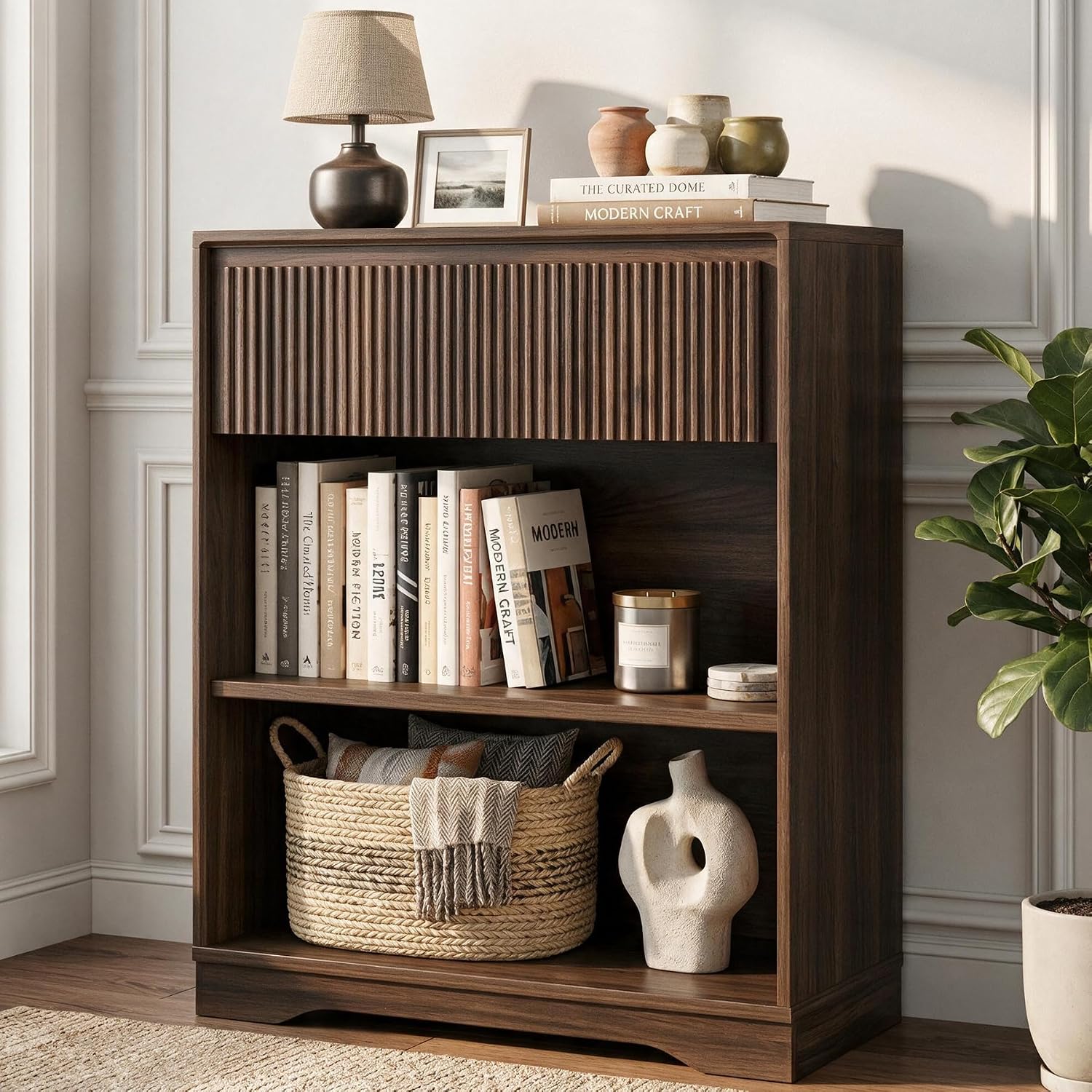 Small Bookcase with Fluted Drawer, 3-Tier Wood Bookshelf with Storage, Short Narrow Display Shelf for Small Spaces, Living Room, Home Office (Dark Walnut) - Image 4