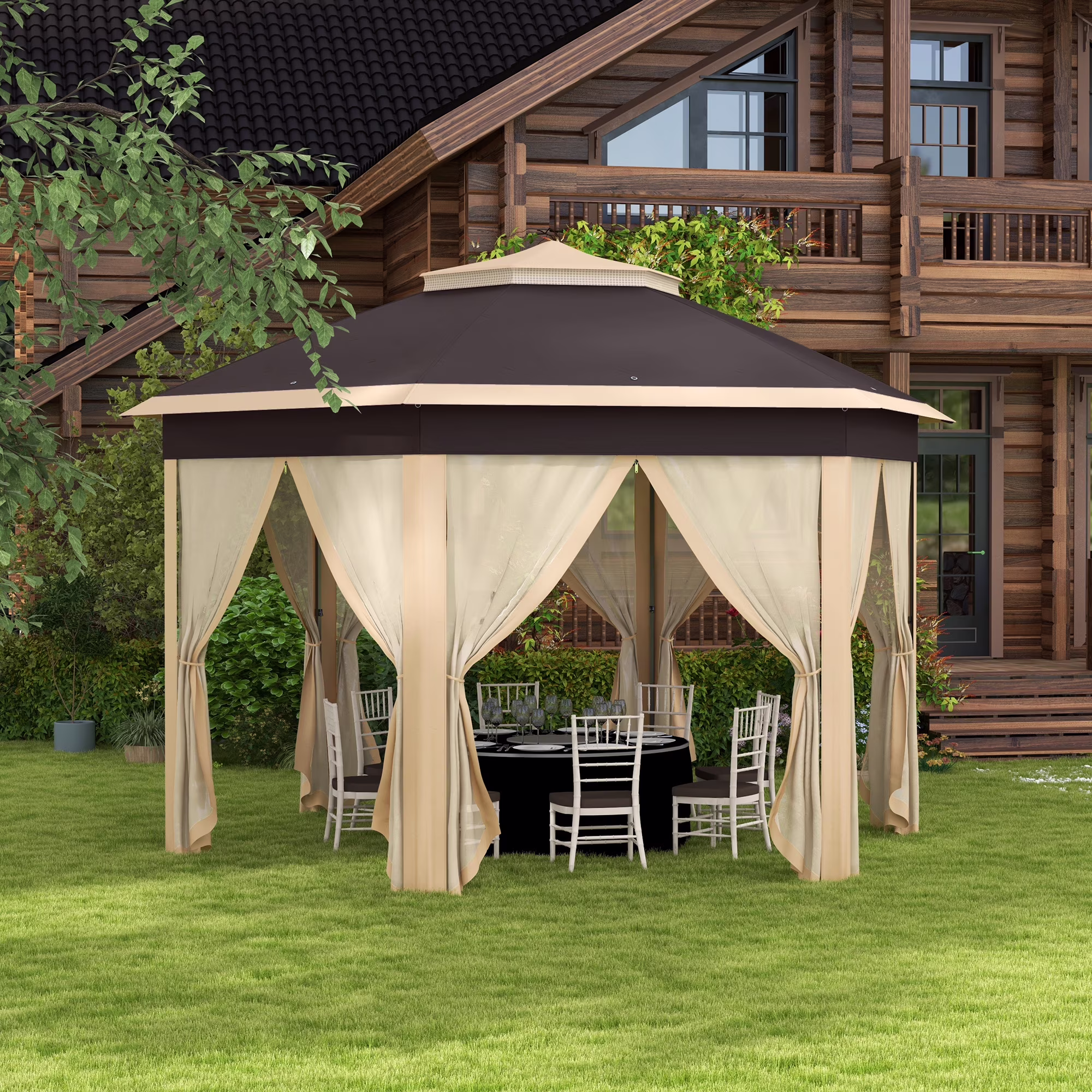 Outsunny 13' x 13' Pop Up Gazebo Hexagonal Canopy with 6 Zippered Mesh Netting, 2-Tier Roof Event Tent with Steel Frame for Patio Backyard, Gray - Image 3