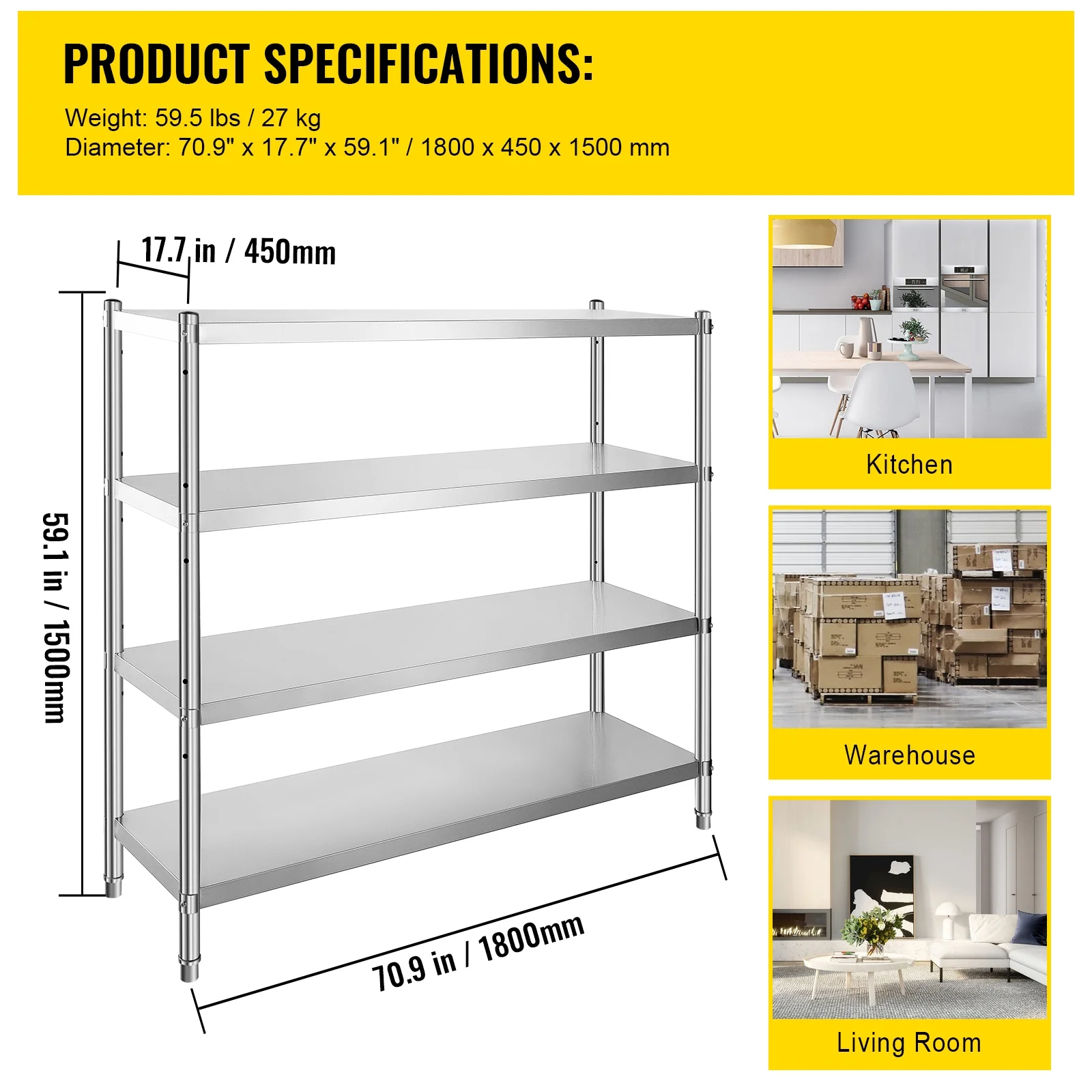 KFFKFF Storage Rack, Quad-Level Metal Shelves, Organizational Shelf Unit, Dimensions 70.9 x 17.7 x 59.1 Inches, Robust Storage Rack Shelving, Total Load Capacity 1320 Lbs, Height Modifiable - Image 5