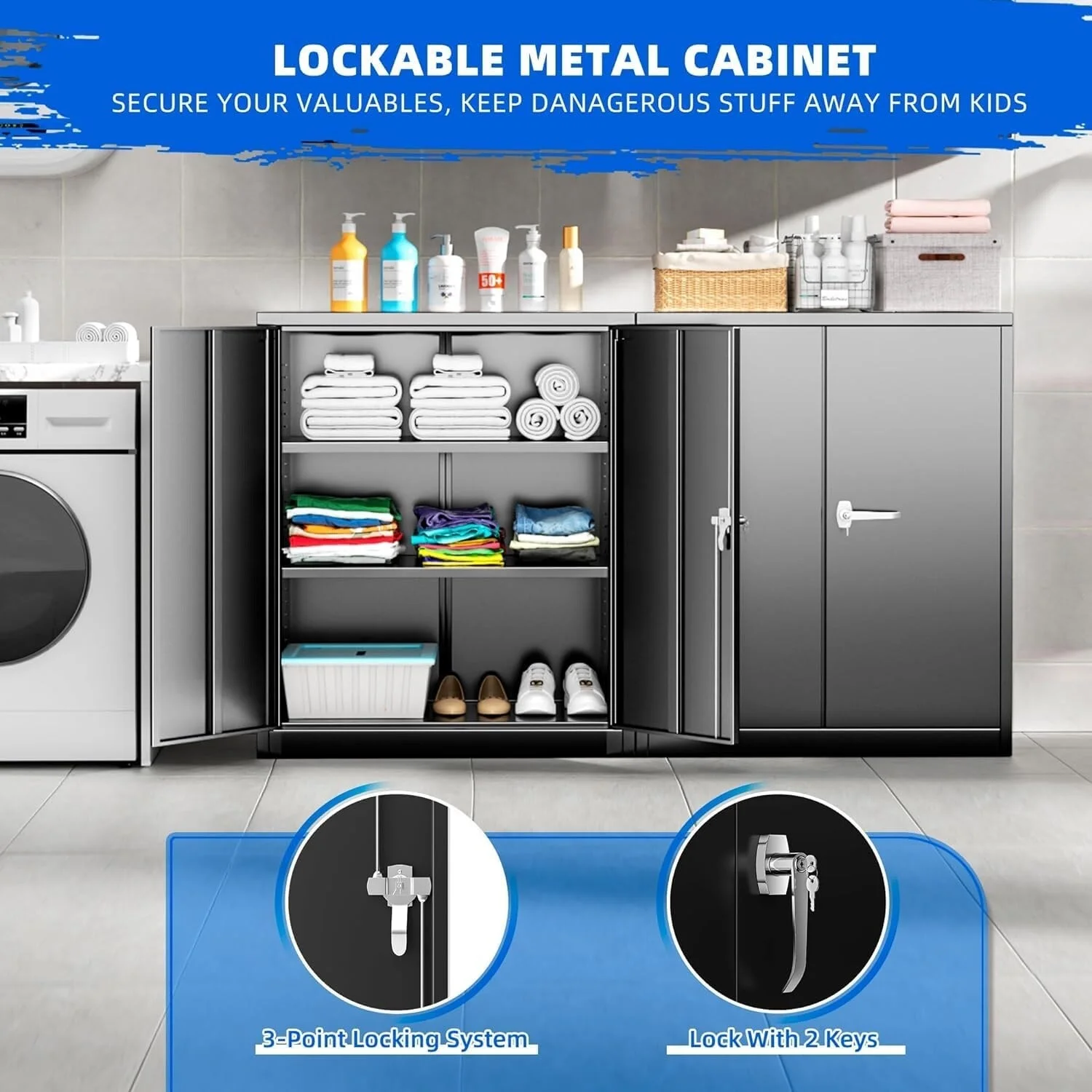36" Metal Garage Storage Cabinet with 2 Locking Doors and 2 Adjustable Shelves Grey - Image 20