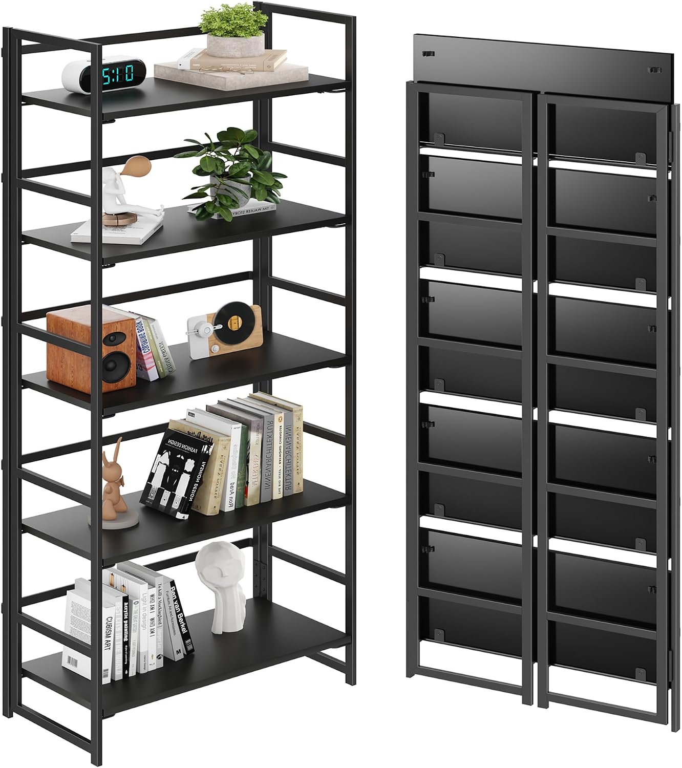 Vintage Multifunctional Folding Bookshelf, No-Assembly Plant Stand Storage Rack Shelves for Home Office (White, 5-Tier) - Image 16