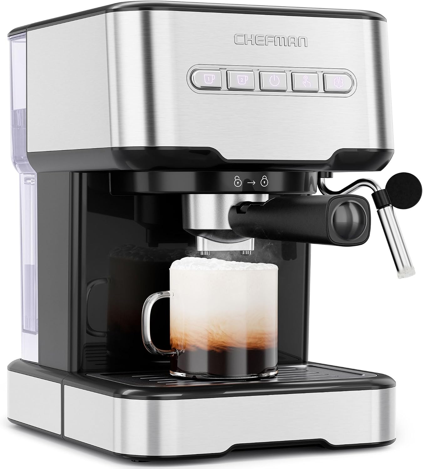 CaféMaster Pro Espresso Machine, Brew Single or Double Shots, Coffee Maker with Built-In Milk Frother for Cappuccino & Latte, XL 1.8 Liter Removable Water Reservoir - Stainless Steel