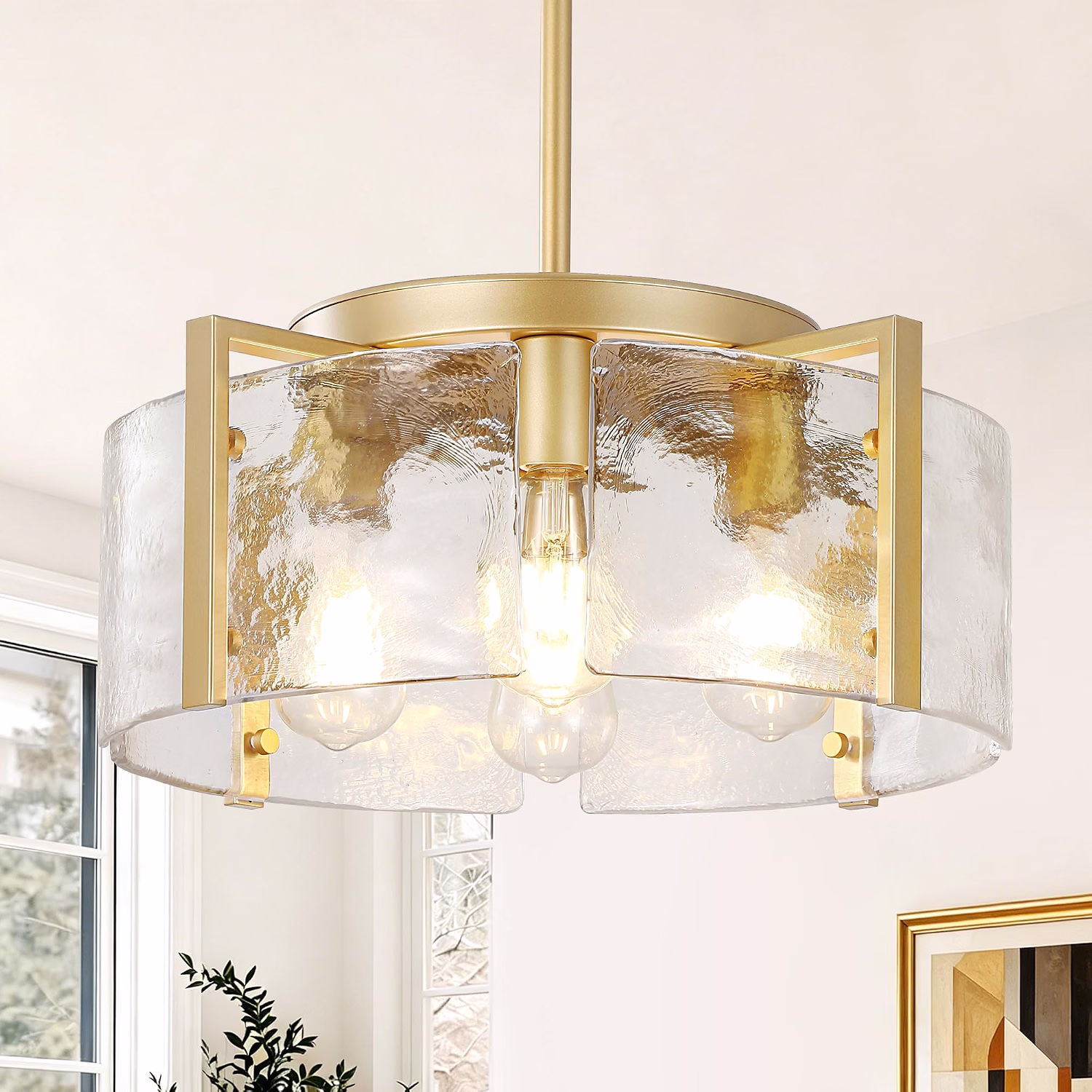 Black 4-Light Glass Chandelier, Adjustable Modern Farmhouse Pendant Light, Drum Hanging Light Fixture for Kitchen Island, Dining Room, Entryway, Bedroom - Image 3