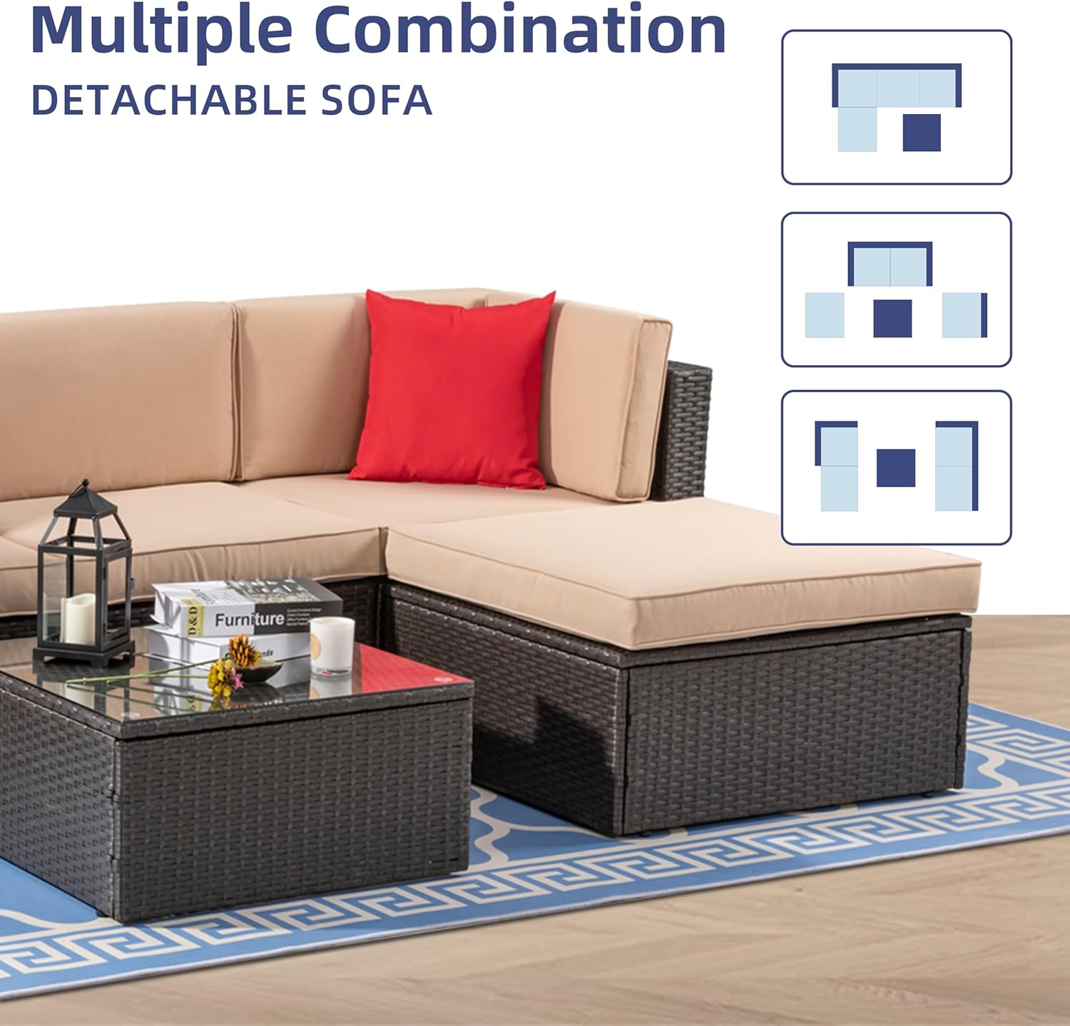 5-Piece All-Weather Patio Furniture Set with Ottoman, Outdoor Wicker Conversation Sofa Set with Cushions for Garden, Deck & Backyard - Image 8