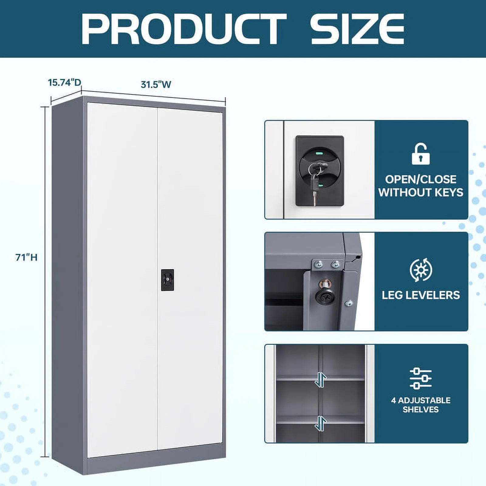 MIIIKO 71" Metal Storage Locker Metal Garage Locker Cabinets with Locking Door and 4 Adjustable Shelves, Steel Classic Storage Cabinet for Home, School, Office, Garage - Image 15