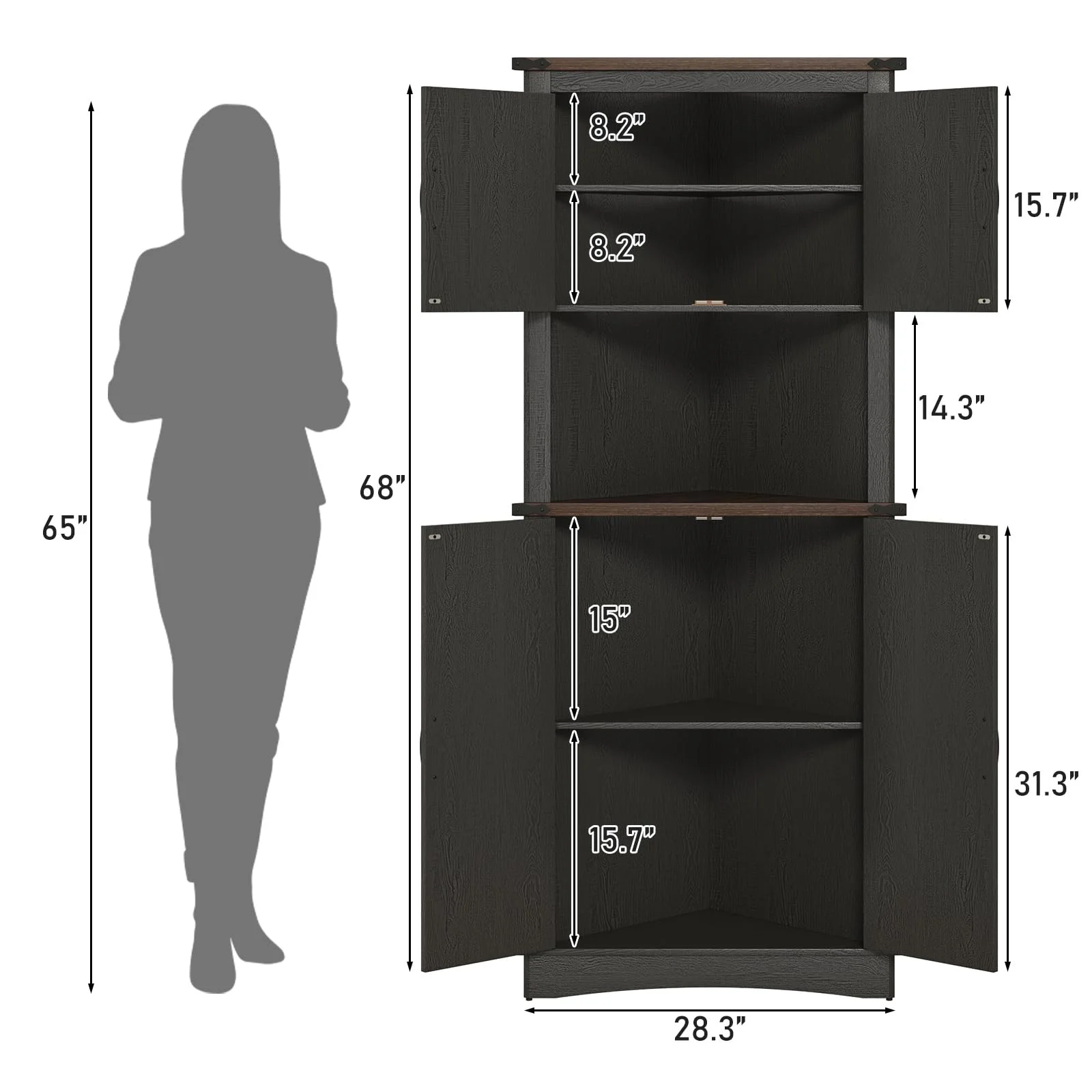 Blotout 68" Tall Farmhouse Corner Cabinet with 4 Doors, 28.3" W Barn Door Storage Cabinet with Adjustable Shelves, 5 Tier Corner Storage Cabinet for Bathroom,Living Room,Kitchen - Image 24