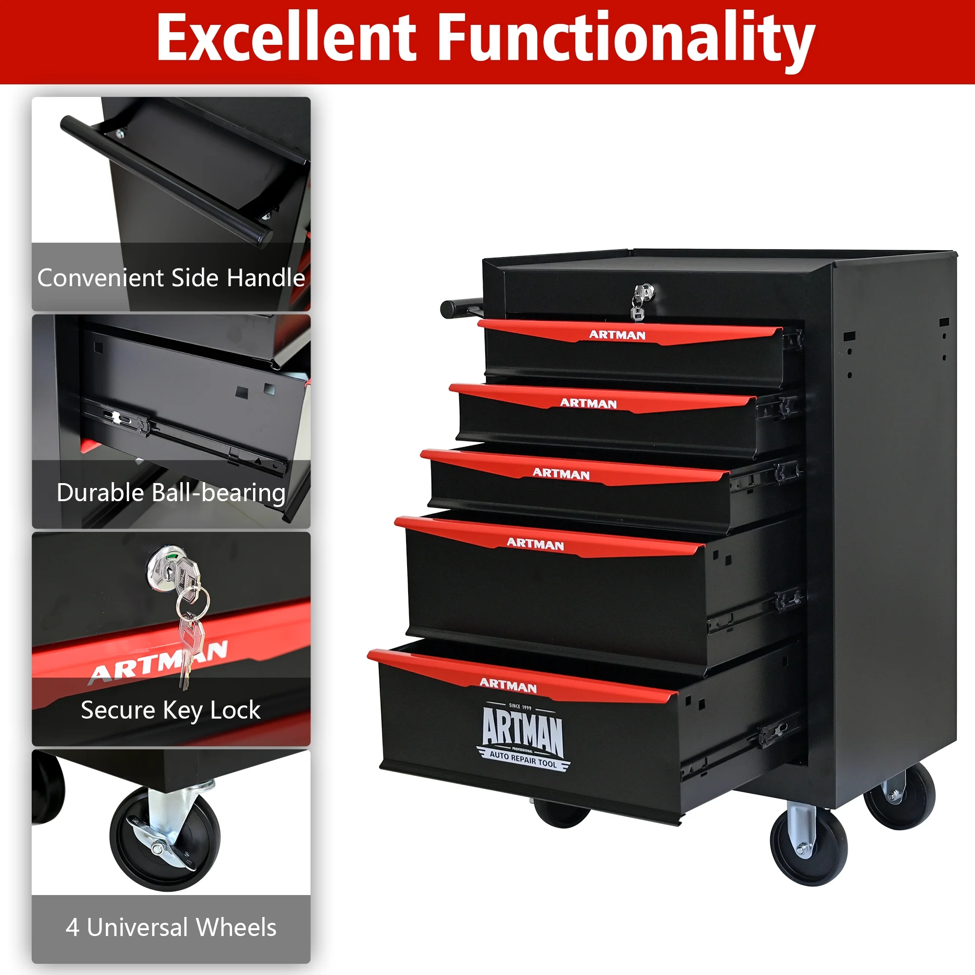 ARTMAN 20" 5-Drawer Rolling Metal Tool Chest Cabinet,Steel Tool Storage Box Organizer for Garage Workshop Warehouse - Image 11