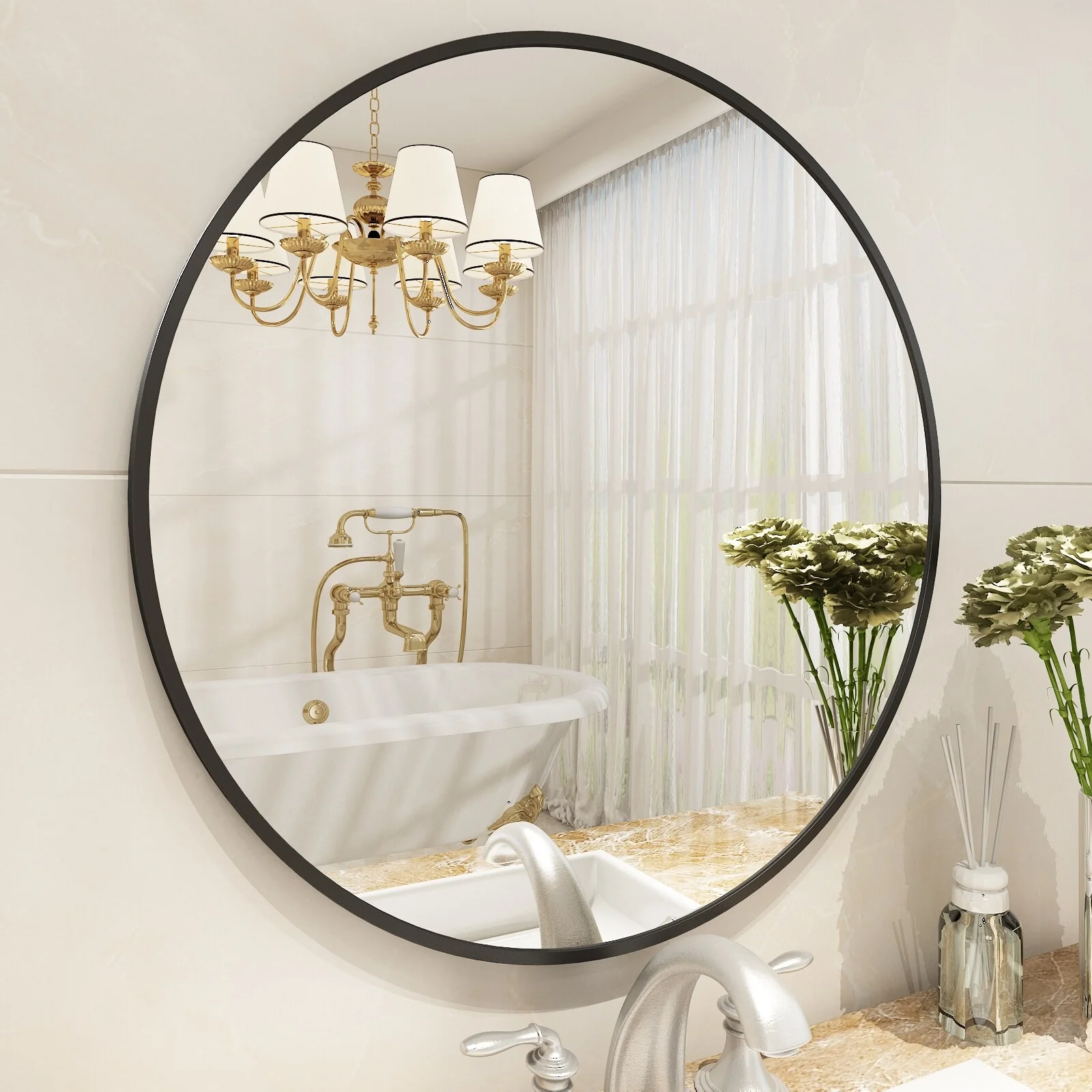Round Metal Black Frame Bathroom Vanity Mirror, Wall Mounted Decorative Mirror - Image 3