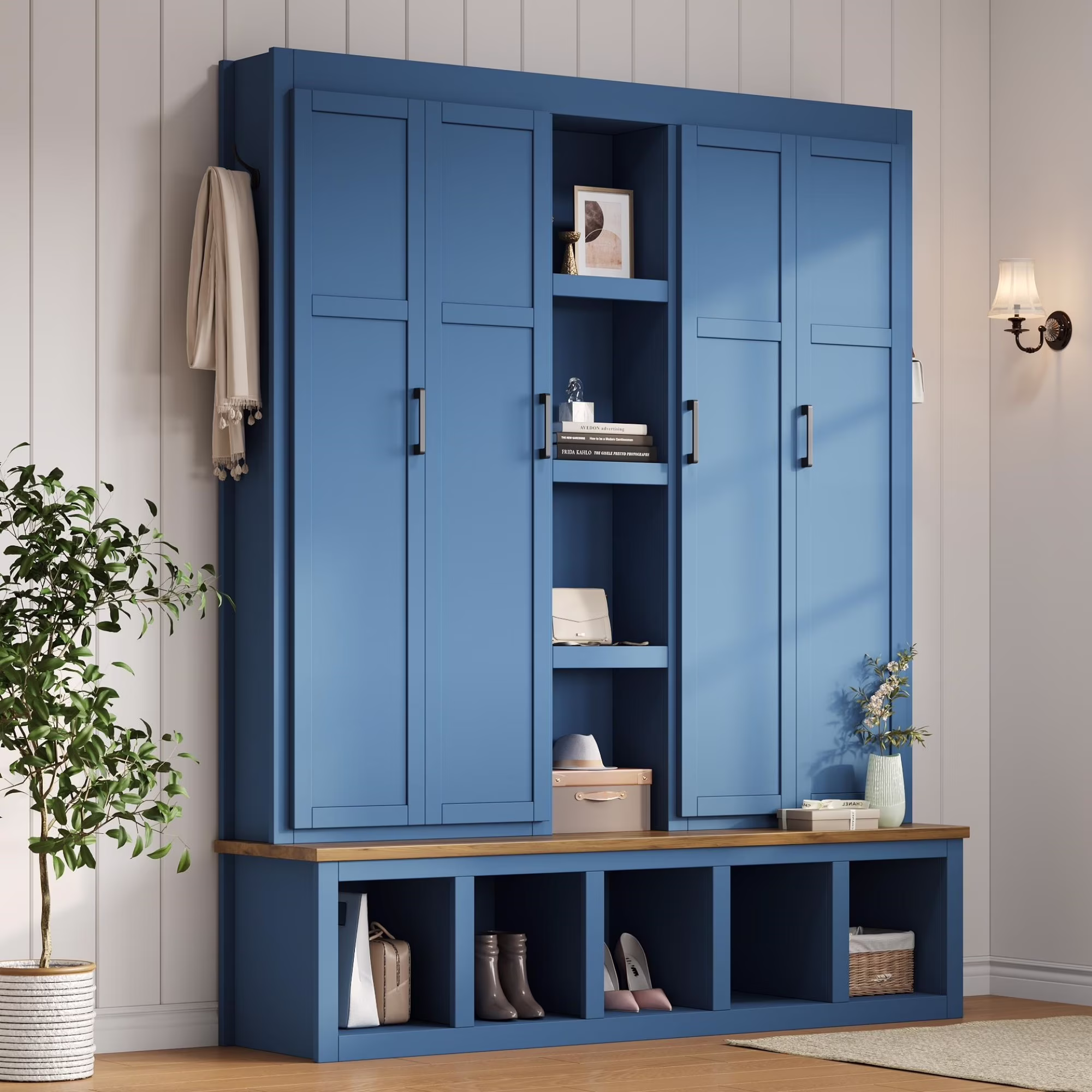 Euroco Modern Farmhouse Hall Tree -C 4-in-1 Entryway Bench with Cabinets, Hooks & Shoe Storage, Wood-Grain Finish, Handles, Anti-Tip Safety - Image 3