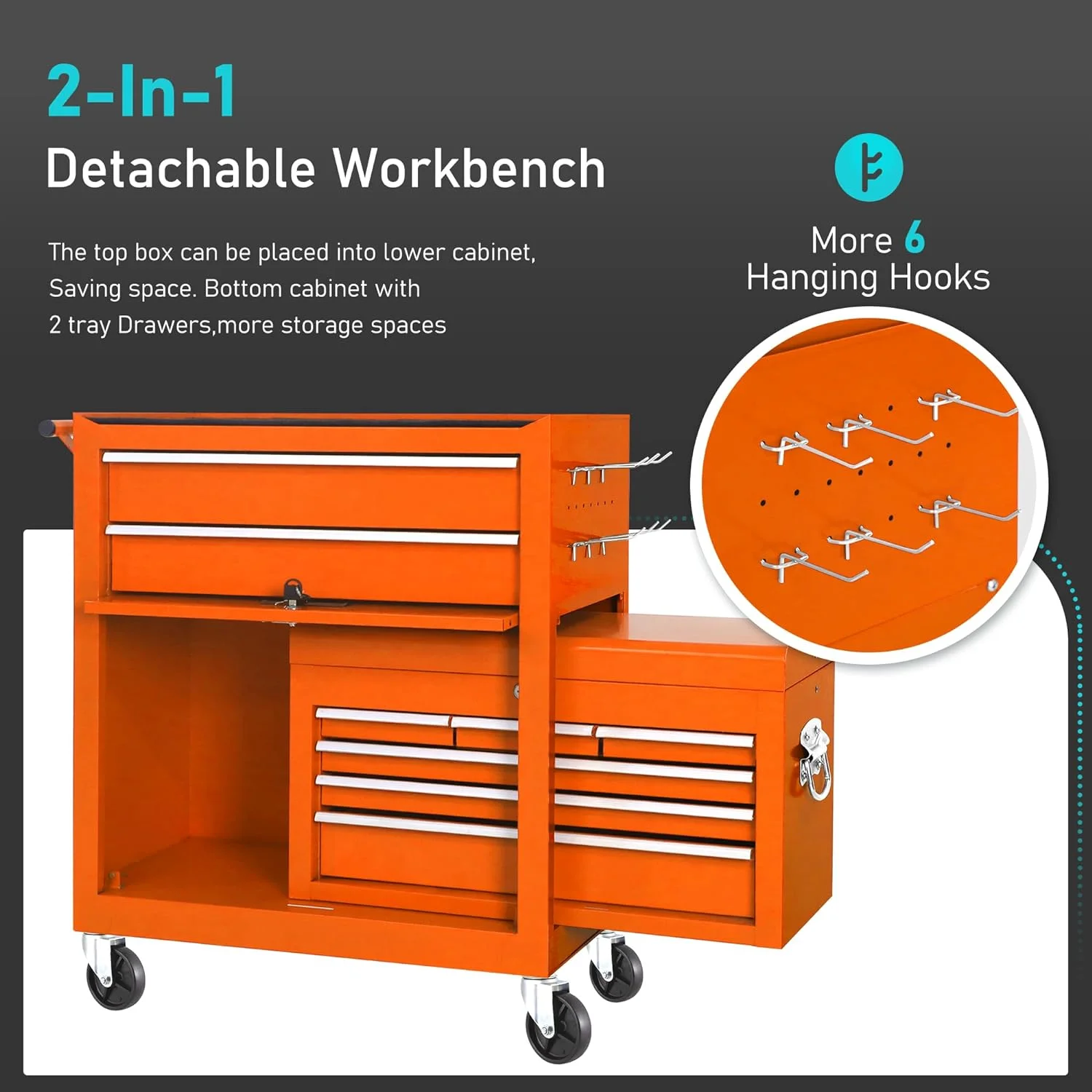 SUNCROWN 2-IN-1 Tool Chest, 8-Drawer Rolling Tool Chest with Hooks and Lockable Wheels,Metal Storage Detachable Top Tool Box with Lockable Wheels for Garage, Workshop, Art Studio(Black) - Image 66