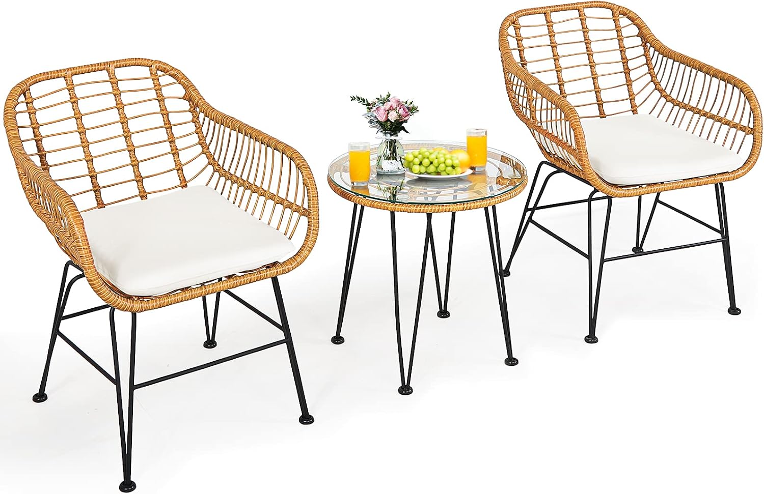 3 Pieces Patio Bistro Set, Rattan Conversation Set with 2 Cushioned Armchairs & Round Glass Coffee Table, Indoor Outdoor Wicker Furniture Set for Balcony, Backyard, Garden, Poolside