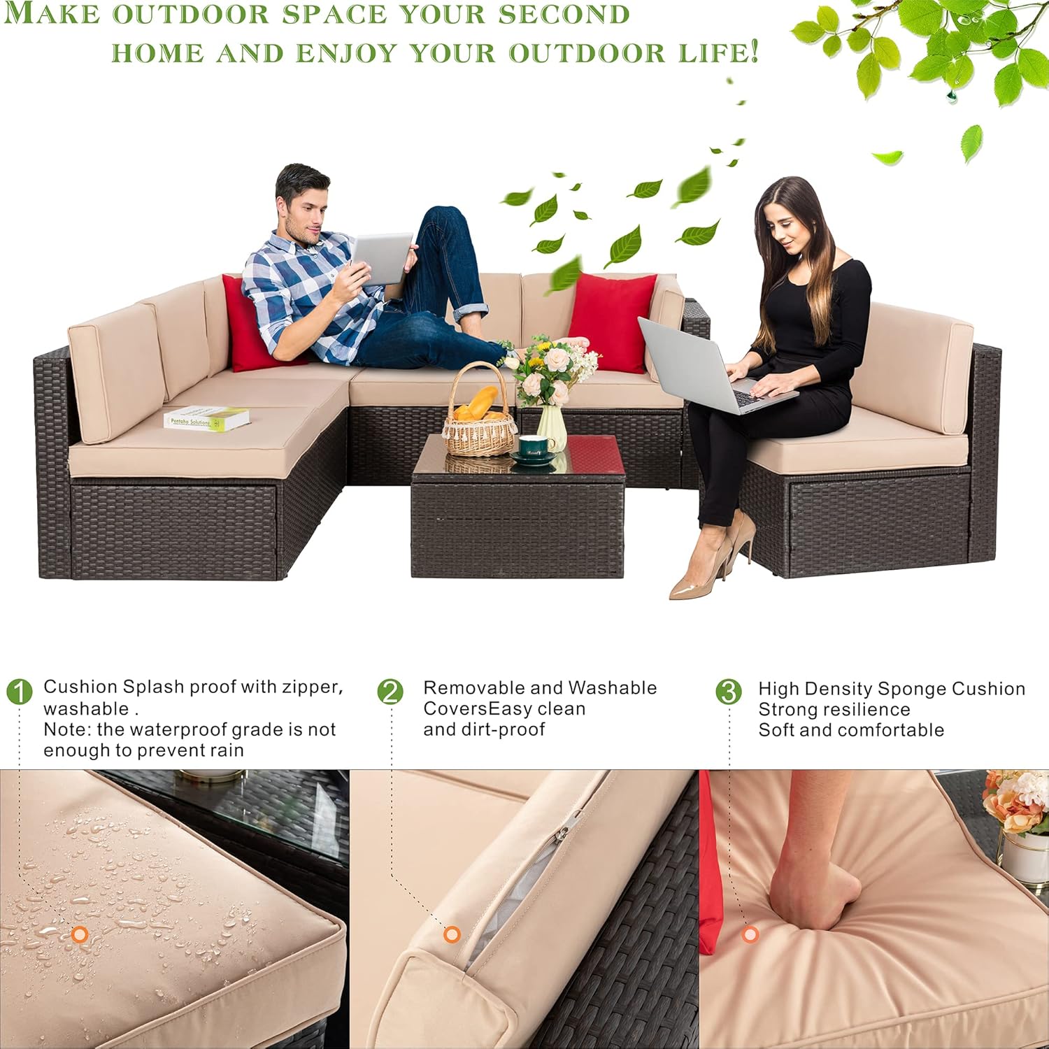5-Piece All-Weather Patio Furniture Set with Ottoman, Outdoor Wicker Conversation Sofa Set with Cushions for Garden, Deck & Backyard - Image 39