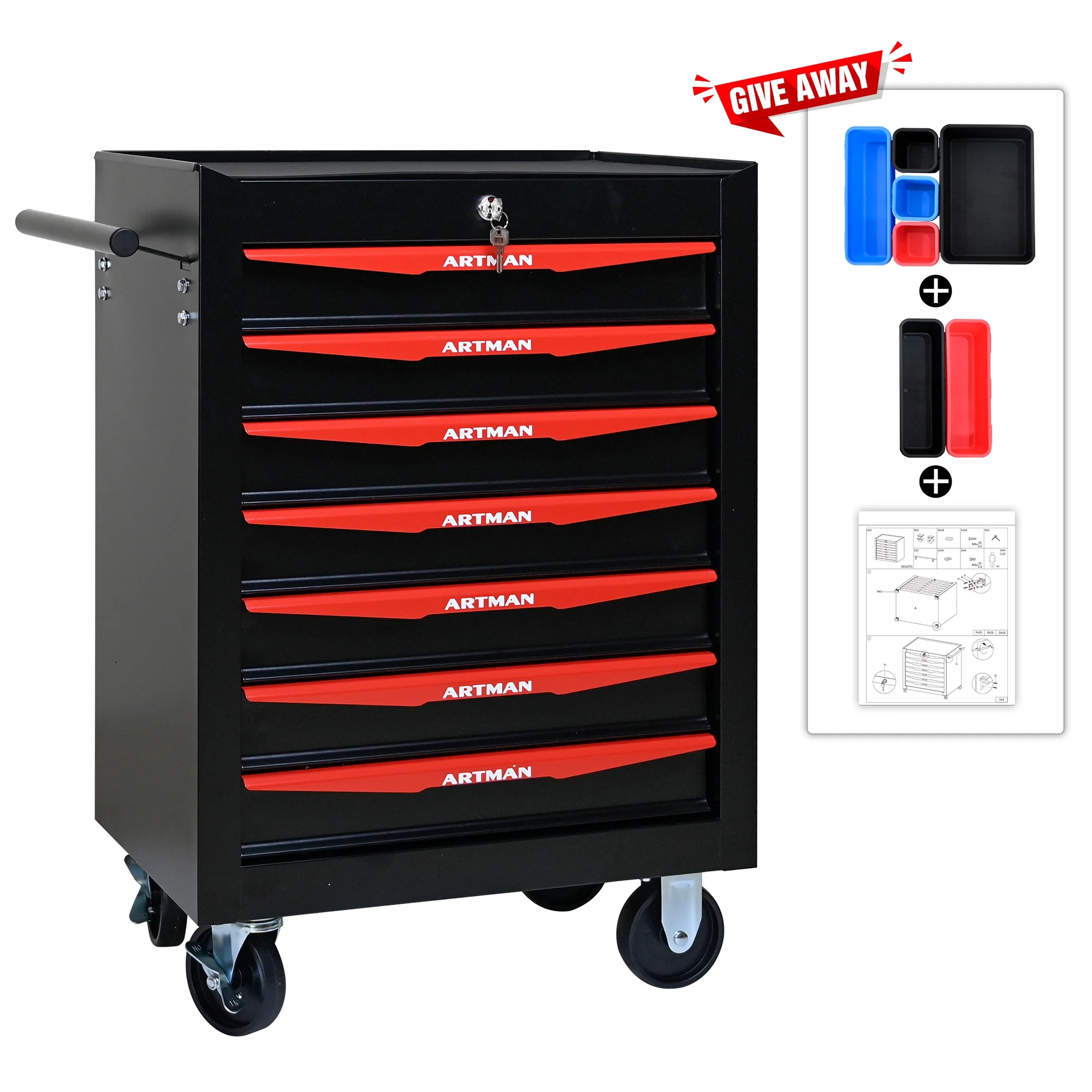 Tool Cabinets Rolling Metal Tool Chest with 7 Drawers, 20" 7-Drawer Tool Chest Cabinet with Ball Bearing Drawer Slides, Steel Tool Storage Box Organizer -BLACK&RED,Garage Tool Cabinets - Image 3