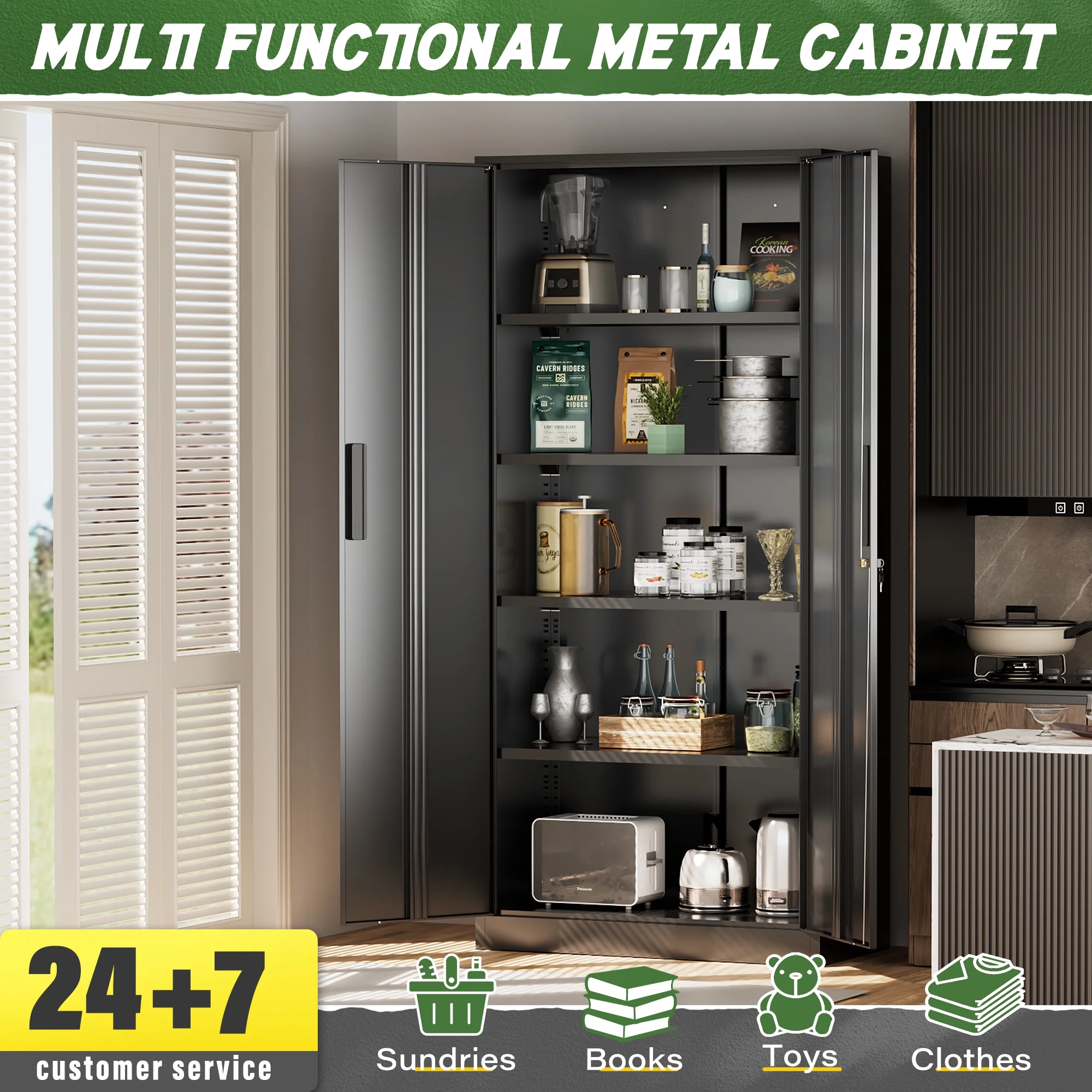 SOLAURA Metal Storage Cabinet with Wheels, 73" Garage Rolling Cabinet with Locking Door and 4 Shelves, Tool Cabinet on Caster for Home, Office, Black - Image 49