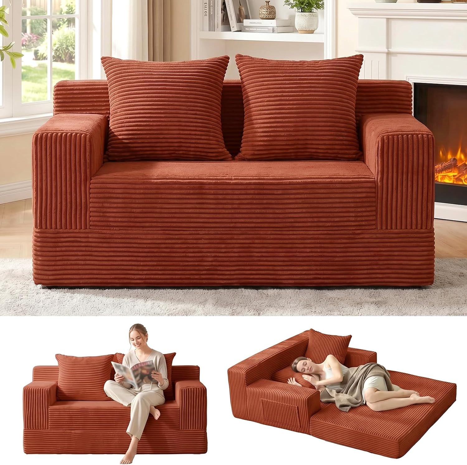 Convertible Sofa Bed, Loveseat Folding Floor Futon Sleeper Sofa Couch Bed- Boneless Foldable Couch, Corduroy Pull Out Sofa Bed with 2 Pillows for Living Room & Bedroom - Image 4