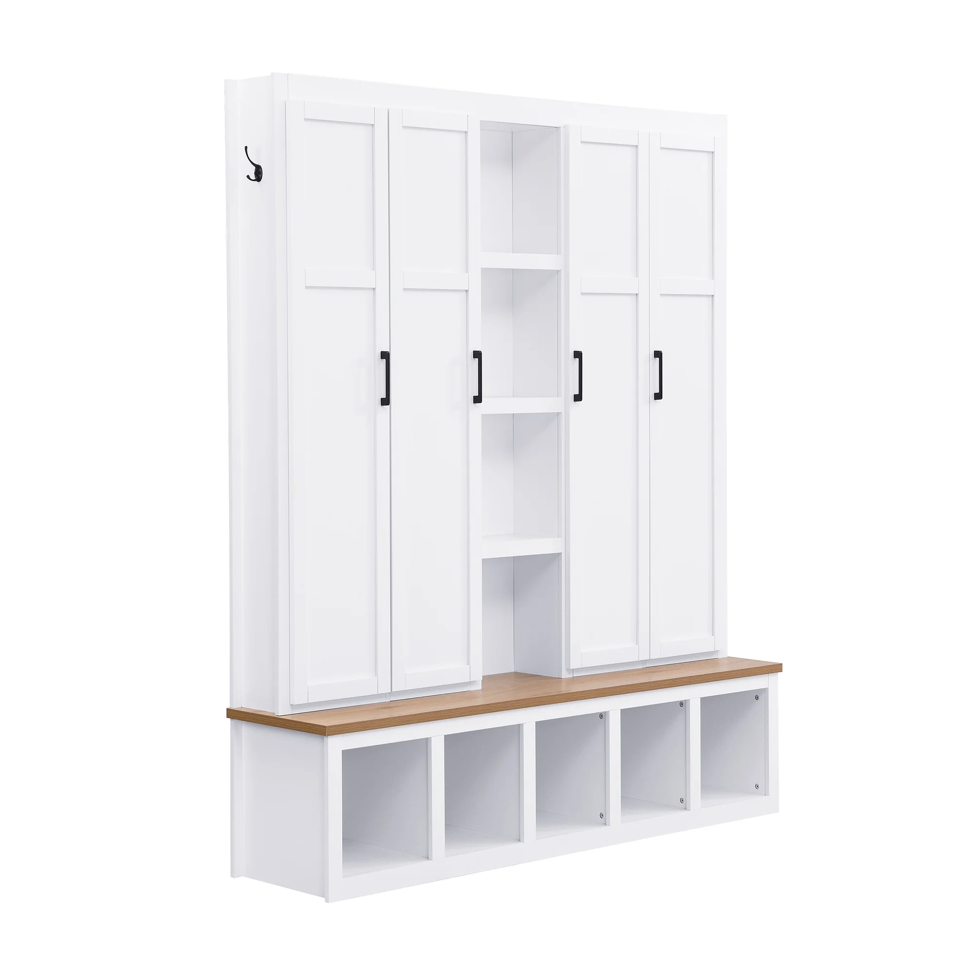 Euroco Modern Farmhouse Hall Tree -C 4-in-1 Entryway Bench with Cabinets, Hooks & Shoe Storage, Wood-Grain Finish, Handles, Anti-Tip Safety - Image 26