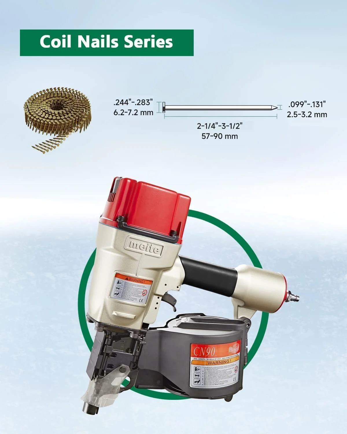 MEITE CN90 Industrial Coil Siding Nailer 15 Degree 2-1/4" to 3-1/2" Pneumatic Coil Nail Gun with Aluminum Housing - Image 5