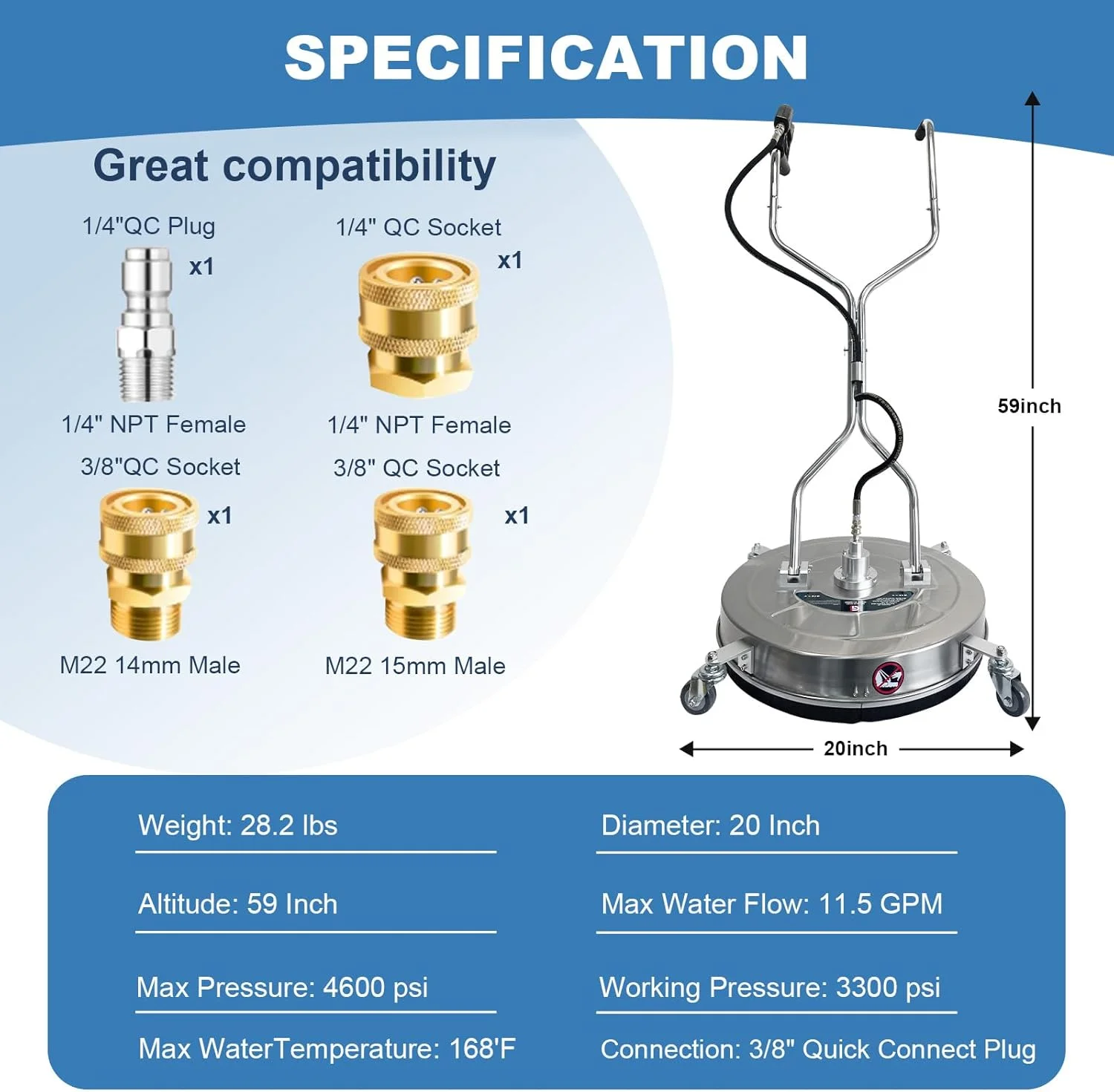 Garvee 24" Pressure Washer Surface Cleaner with Dual Handles -C Stainless Steel, 4-Wheel Design for Driveways, Sidewalks, Curbs, Decks, & Patios -C 4900 PSI, High-Efficiency Cleaning Accessory - Image 12