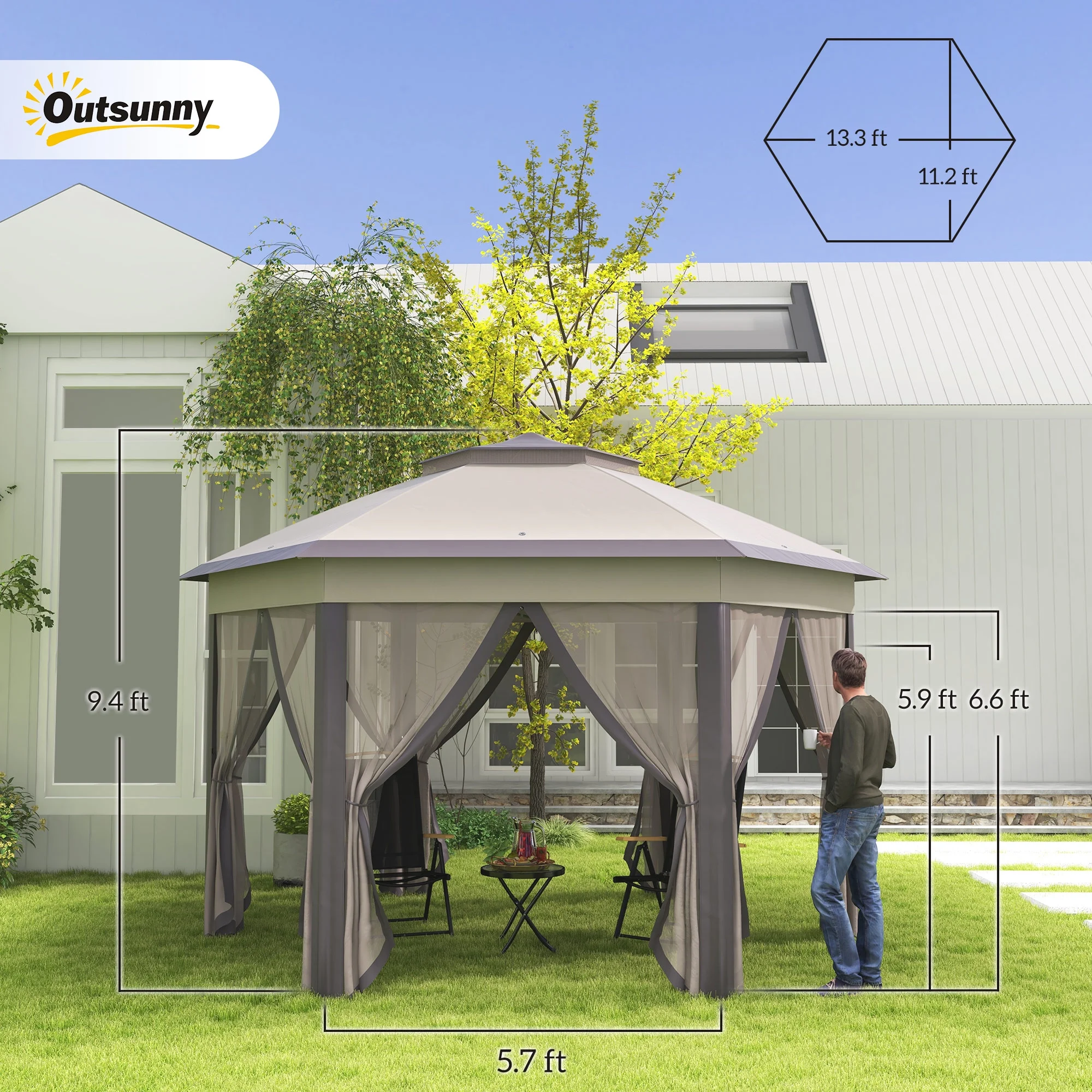 Outsunny 13' x 13' Pop Up Gazebo Hexagonal Canopy with 6 Zippered Mesh Netting, 2-Tier Roof Event Tent with Steel Frame for Patio Backyard, Gray - Image 25