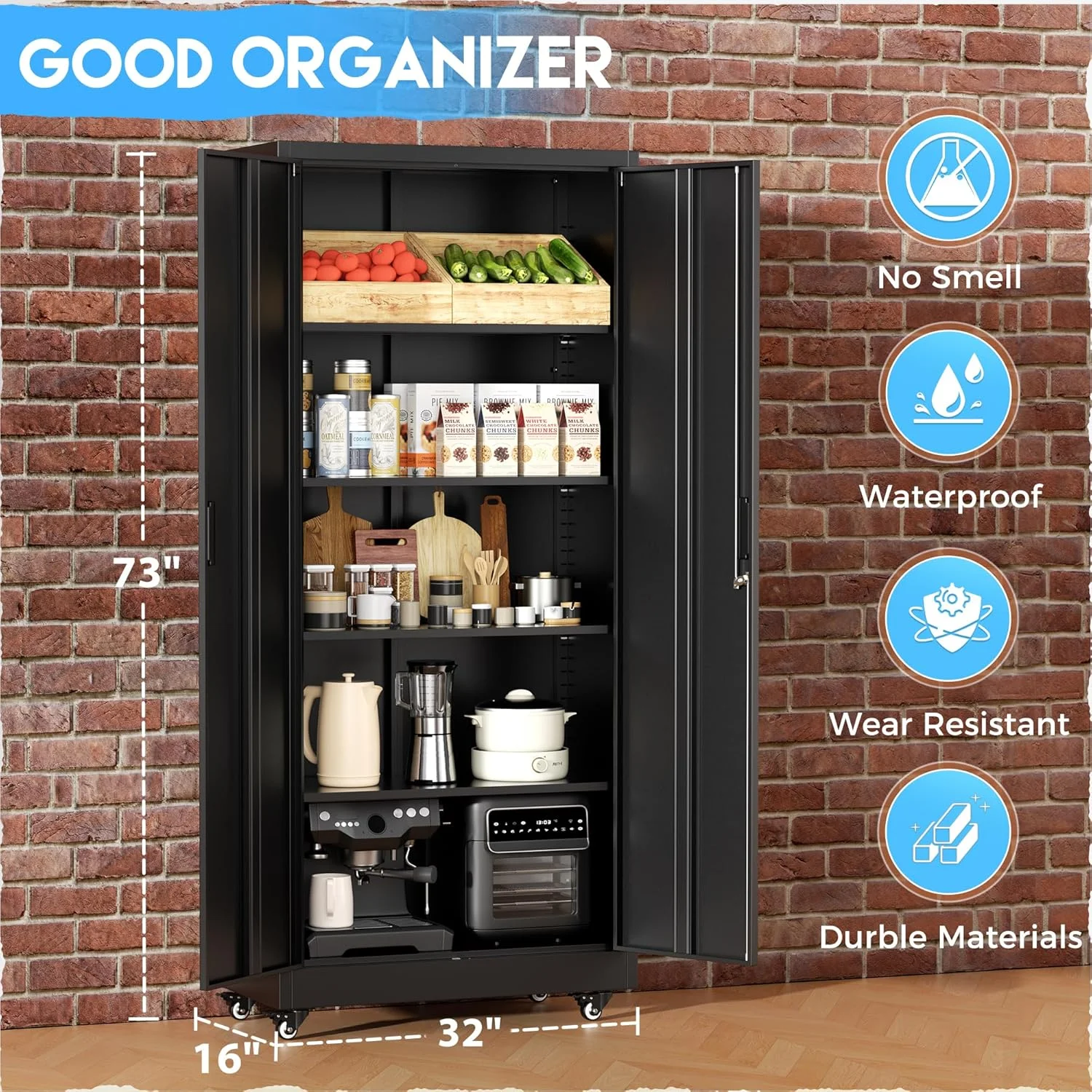 SOLAURA Metal Storage Cabinet with Wheels, 73" Garage Rolling Cabinet with Locking Door and 4 Shelves, Tool Cabinet on Caster for Home, Office, Black - Image 6