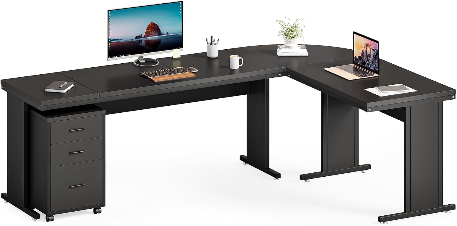 82.67" Long Executive Desk with Drawers, Large L-Shaped Office Desk with Mobile File Cabinet, Farmhouse Computer Office Furniture Work Desk with Storage for Home Office, Gray - Image 2