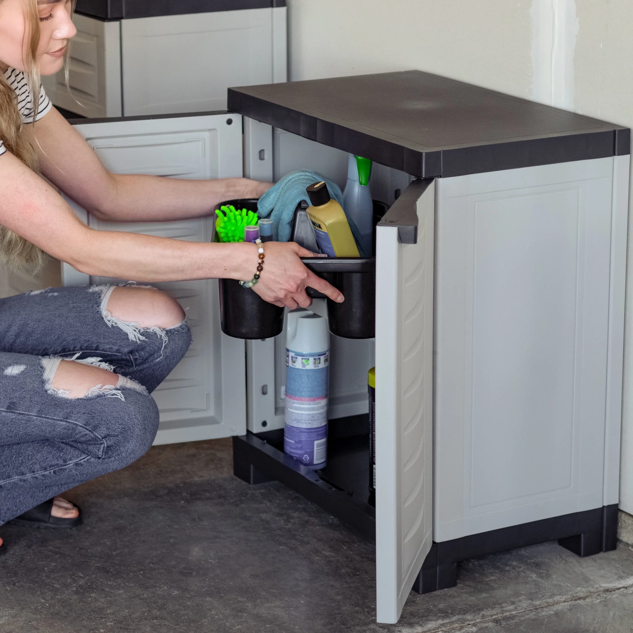 Sunnydaze Adjustable 25.5" Plastic 1-Shelf Freestanding Garage Storage Cabinet, Gray w/ Charcoal Trim - Image 10