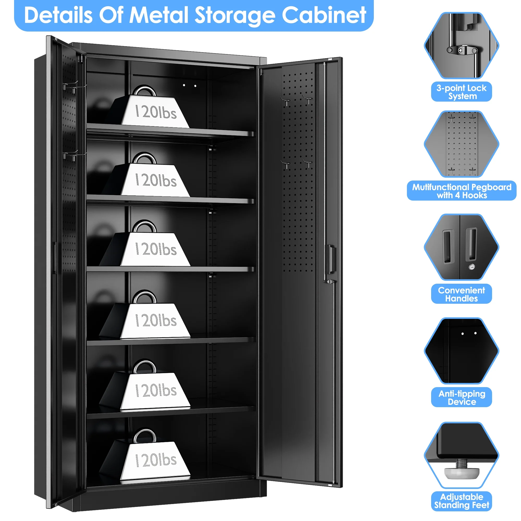 GAEANET 2 Door Metal Storage Cabinet with 5 Adjustable Shelves &Pegboard, 71" H-32" W-16" D Locking Steel Garage Cabinet, for Garage,Office,Home,Gym,School, File Cabinet,Assembly Required, Black - Image 57