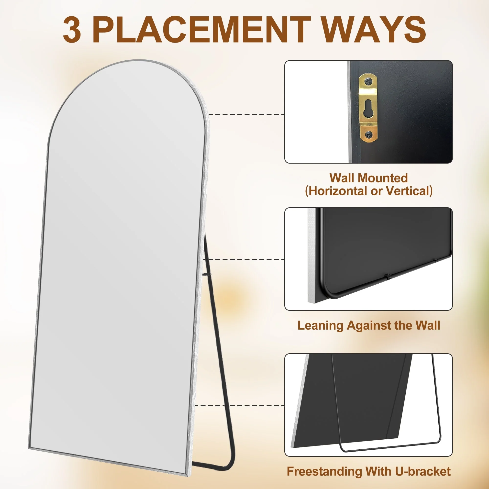Modern Arched Full Length Floor Mirror, Aluminum Alloy Frame Standing Full Body Mirror - Image 30