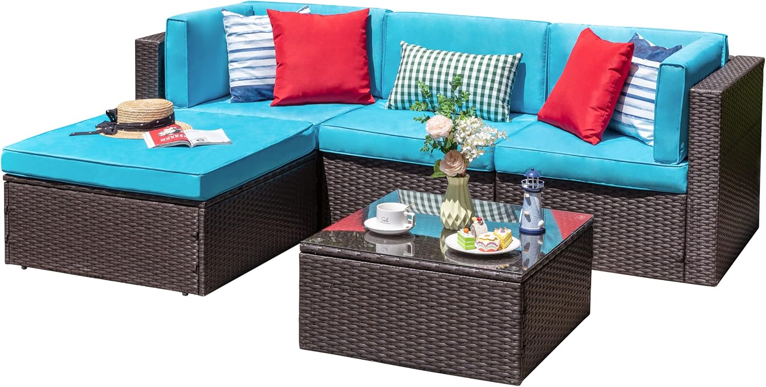 5-Piece All-Weather Patio Furniture Set with Ottoman, Outdoor Wicker Conversation Sofa Set with Cushions for Garden, Deck & Backyard - Image 21
