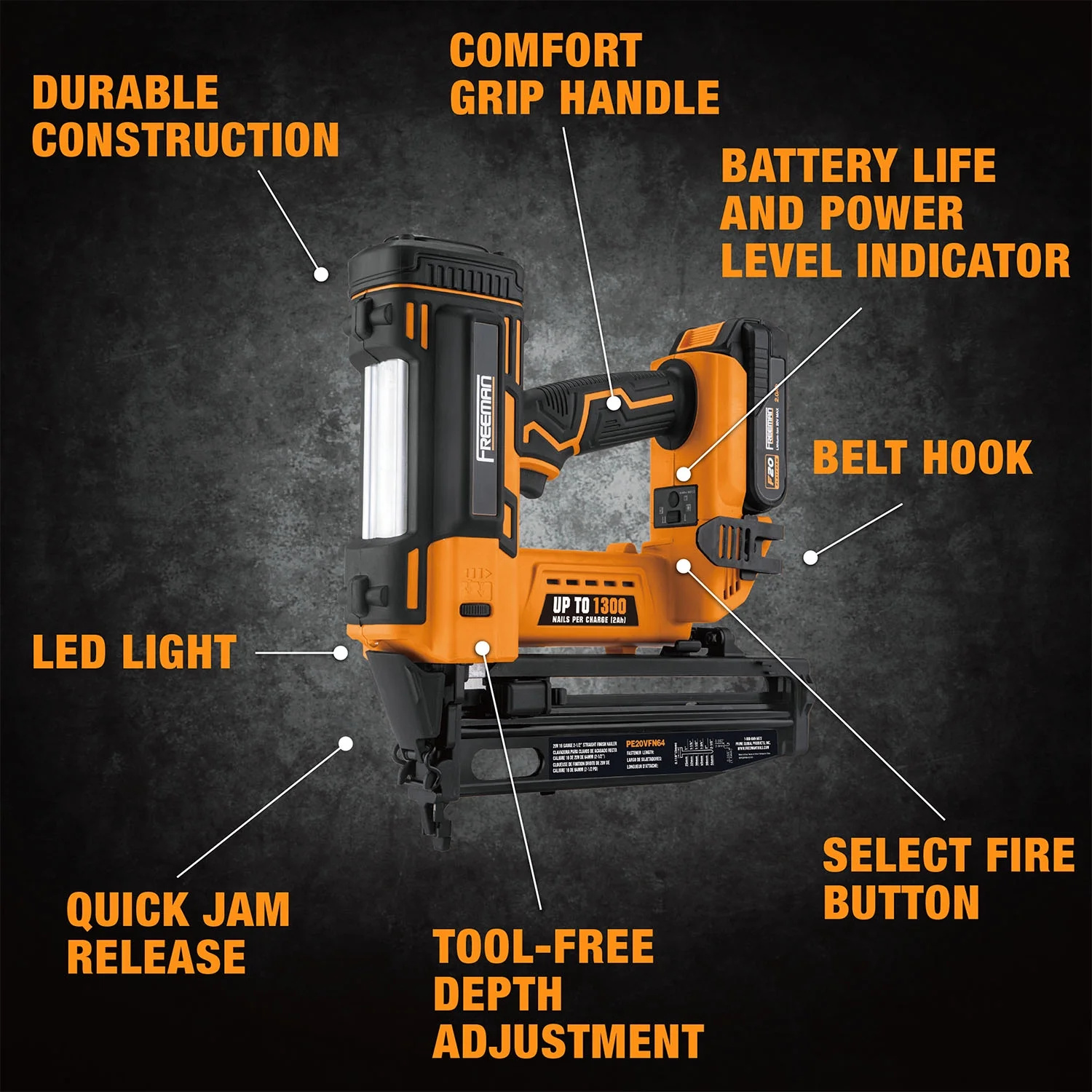 Freeman PE20VFN64 20 Volt Cordless 16-Gauge 2-1/2" Straight Finish Nailer Kit with Lithium Ion Battery, Charger, Bag, and Nails (200 Count) -C 1300 Shots per Charge - Image 6