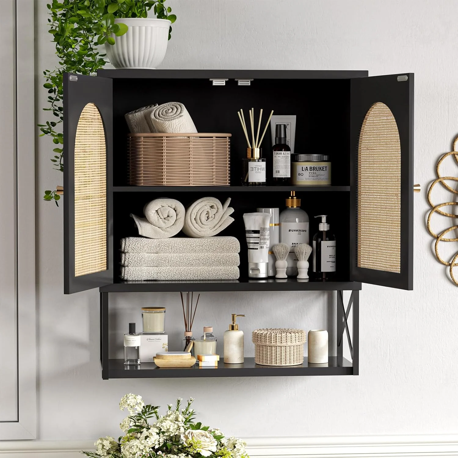 VEANERWOOD Rattan Bathroom Wall Storage Cabinet with Double Doors and Adjustable Shelves, Medicine Wall Storage Cabinet for Kitchen, Toilet, Bathroom - Image 10