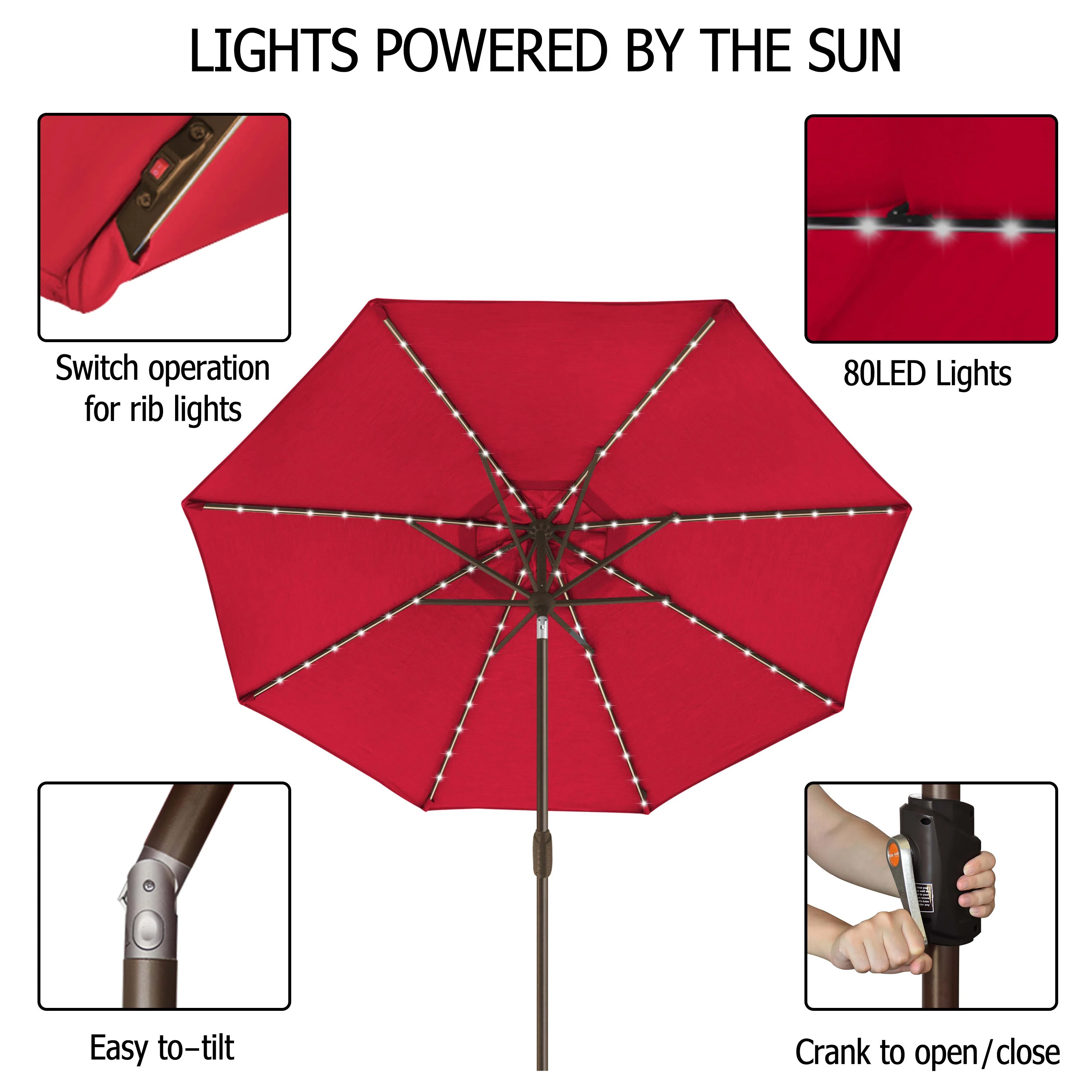 EliteShade Sunbrella Solar Umbrellas 9ft Market Umbrella with 80 LED Lights Patio Umbrellas Outdoor Table Umbrella with Ventilation and 5 Years Non-Fading Top,Ruby - Image 4