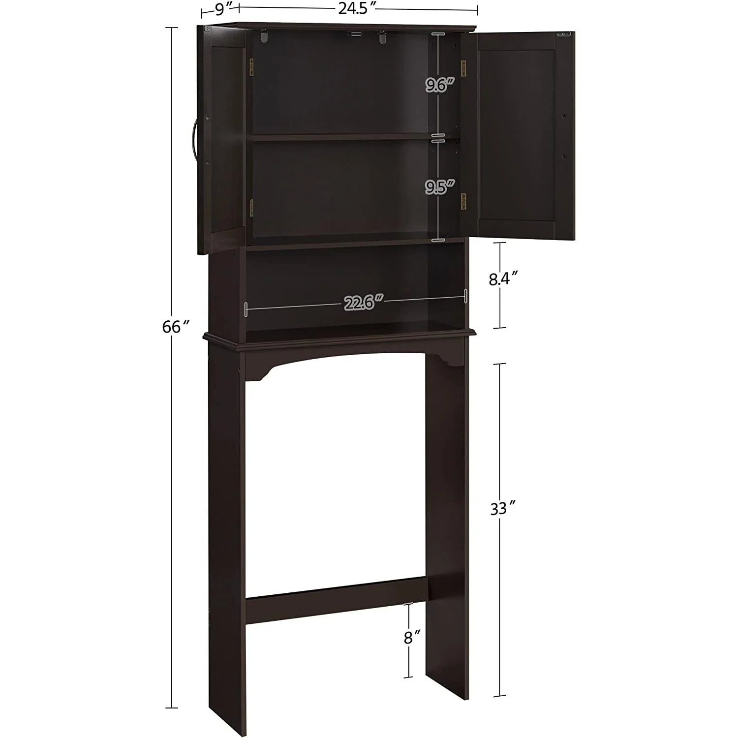 Bilot Over The Toilet Storage Cabinet Bathroom Organizer with Adjustable Shelf & Double Doors for Toilet, Home Space-Saving Furniture, L24.5xW9xH66 Inches, Espresso - Image 4