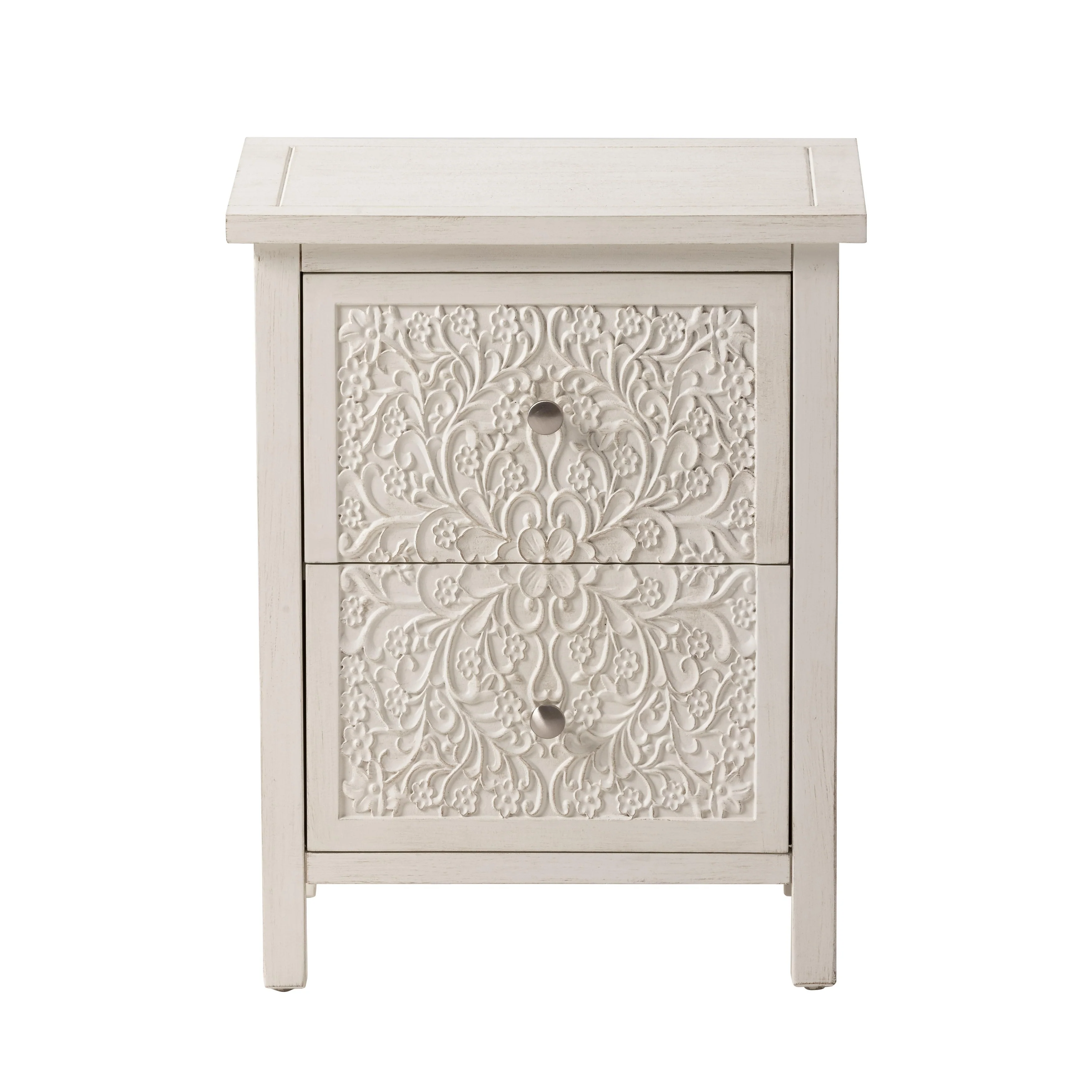 Farmhouse Fully Assembled Nightstand with 2 Drawers, Flower Motif End Table for Small Spaces - Image 7