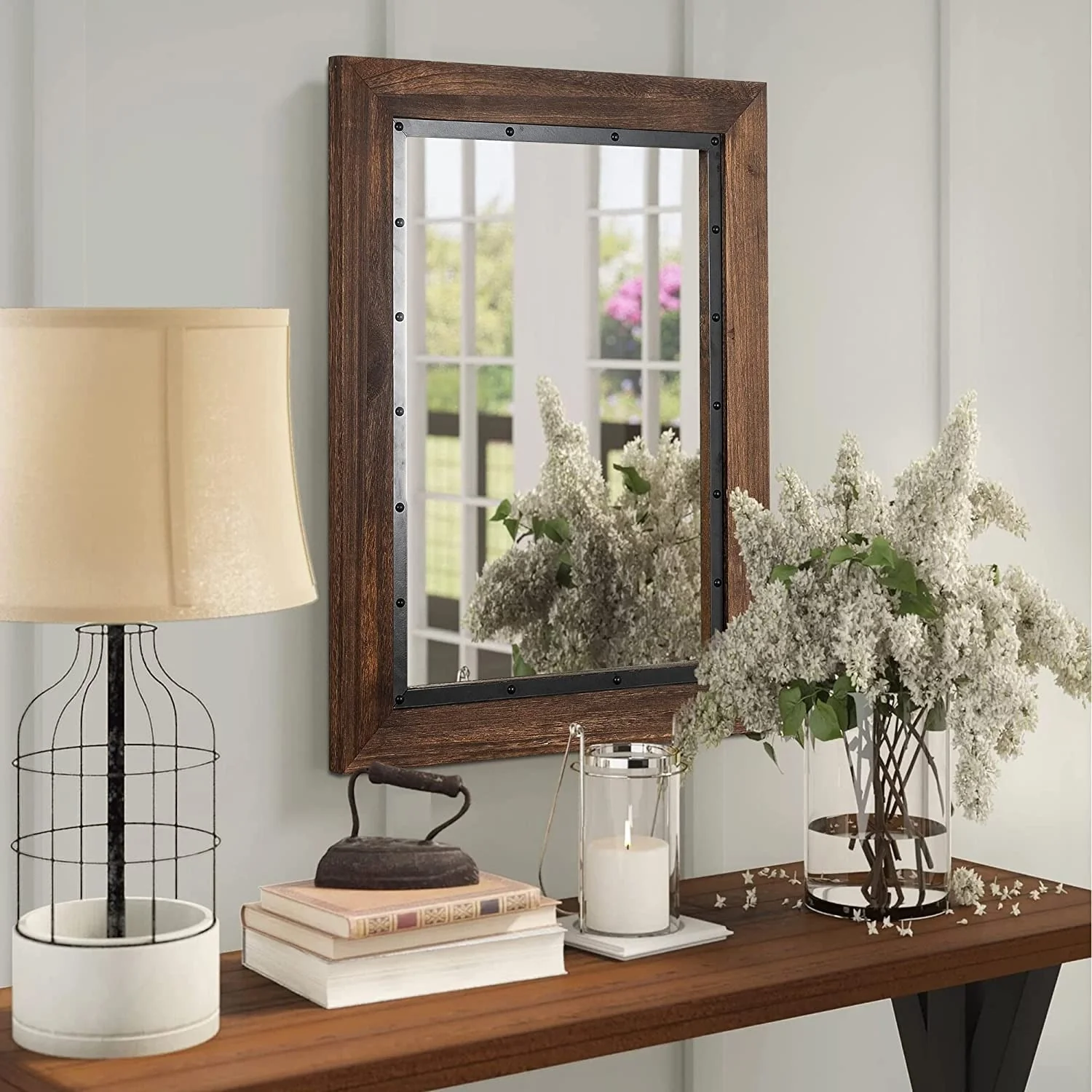 Rustic Wood and Iron Framed Bathroom Vanity Mirror, Wall Mounted Farmhouse Mirror for Bathroom and Bedroom - Image 7