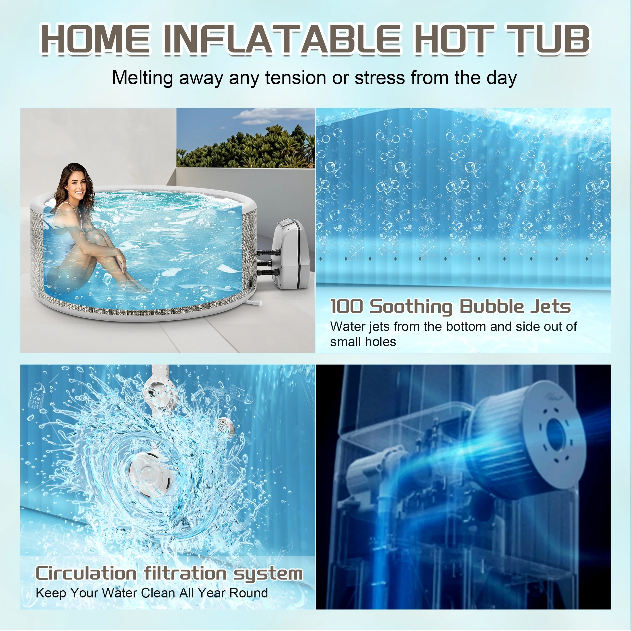 Segmart Inflatable Hot Tub, 3 to 5 Person Outdoor Hot Tub Spa, Portable Round Hot Tub w/100 Jets, Heater Pump, Tub Cover, Ground Cloth, 211Gal Capacity, Fits for Backyard, Patio - Image 6