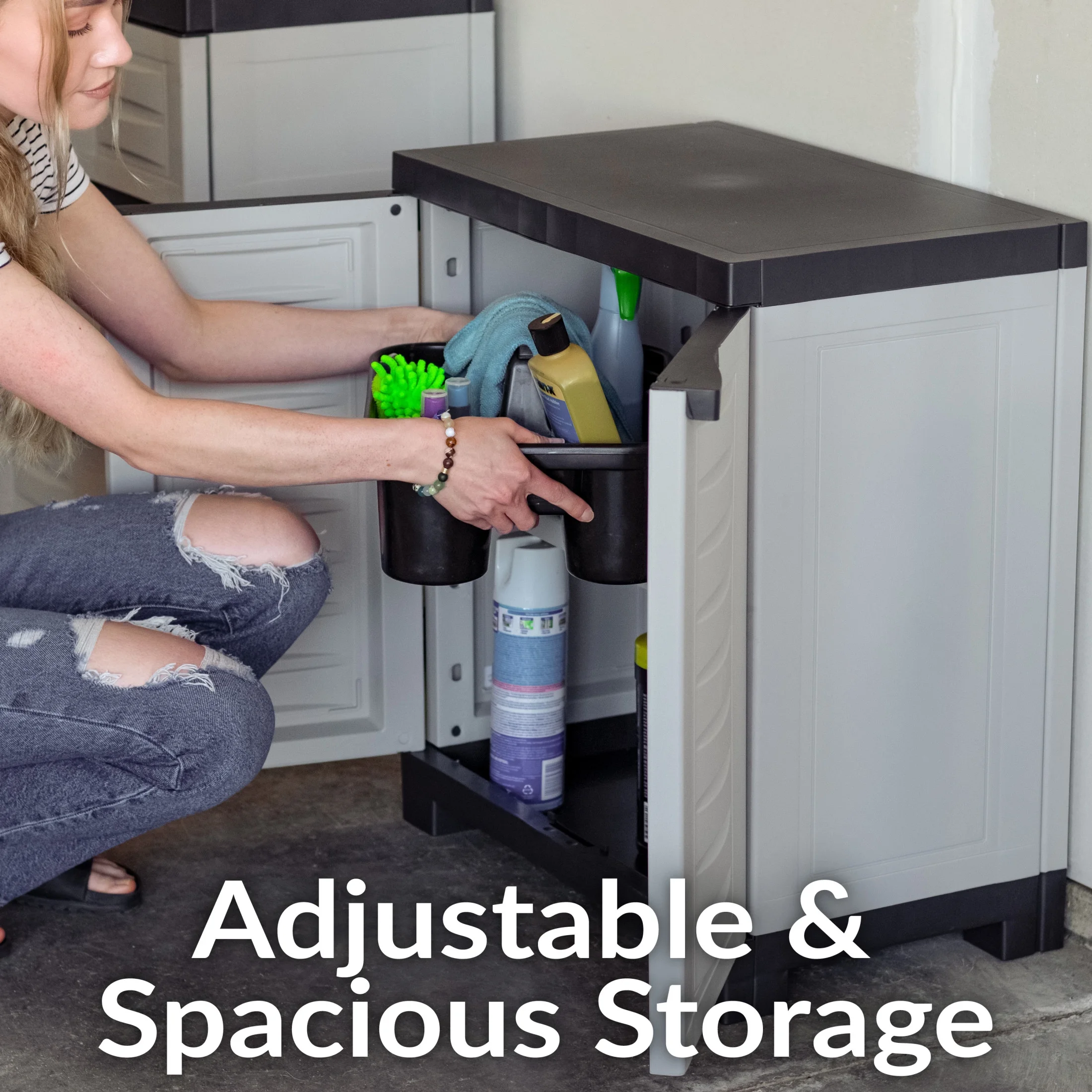 Sunnydaze Adjustable 25.5" Plastic 1-Shelf Freestanding Garage Storage Cabinet, Gray w/ Charcoal Trim - Image 2