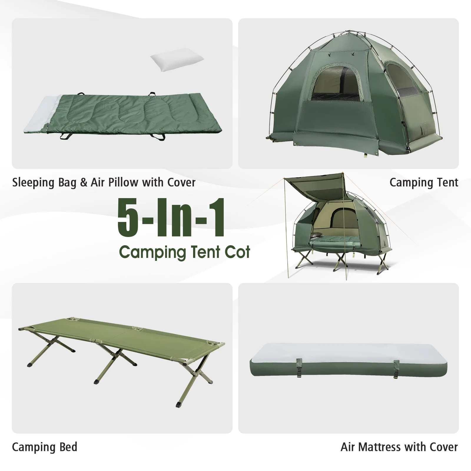 Patiojoy 1-Person Folding Camping Tent Cot Portable Pop-Up Tent w/Sleeping Bag & Air Mattress for Outdoor - Image 4