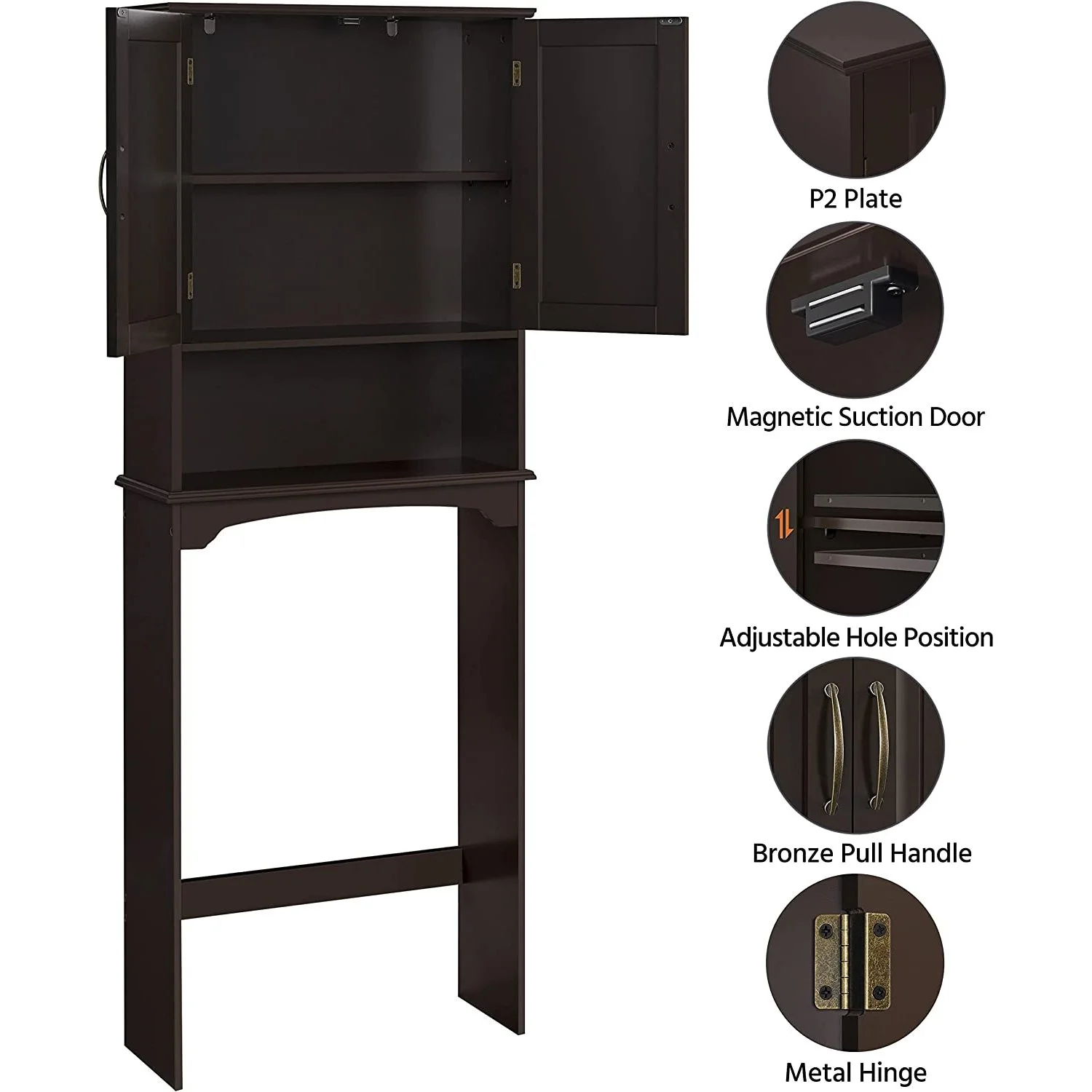Bilot Over The Toilet Storage Cabinet Bathroom Organizer with Adjustable Shelf & Double Doors for Toilet, Home Space-Saving Furniture, L24.5xW9xH66 Inches, Espresso - Image 6