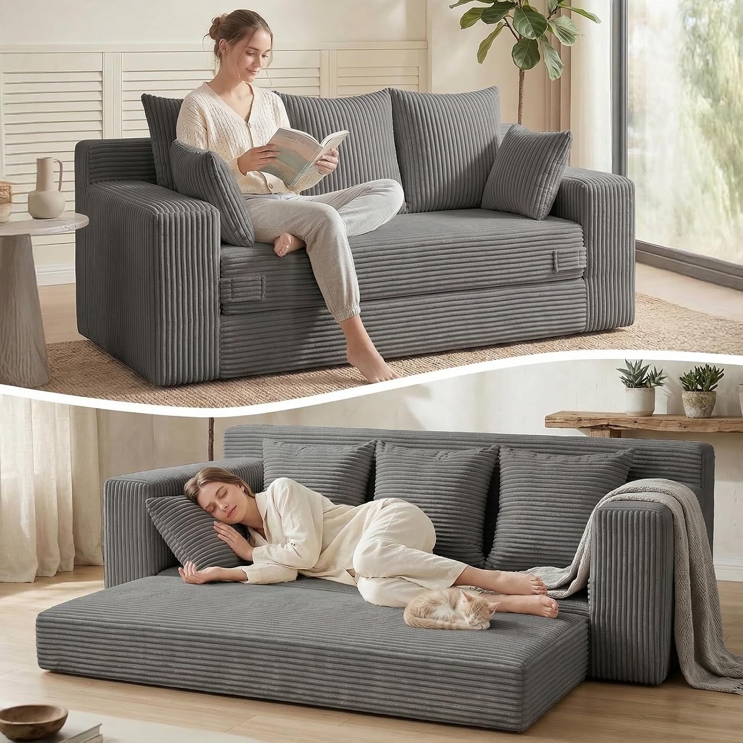 Convertible Sofa Bed, Loveseat Folding Floor Futon Sleeper Sofa Couch Bed- Boneless Foldable Couch, Corduroy Pull Out Sofa Bed with 2 Pillows for Living Room & Bedroom - Image 16