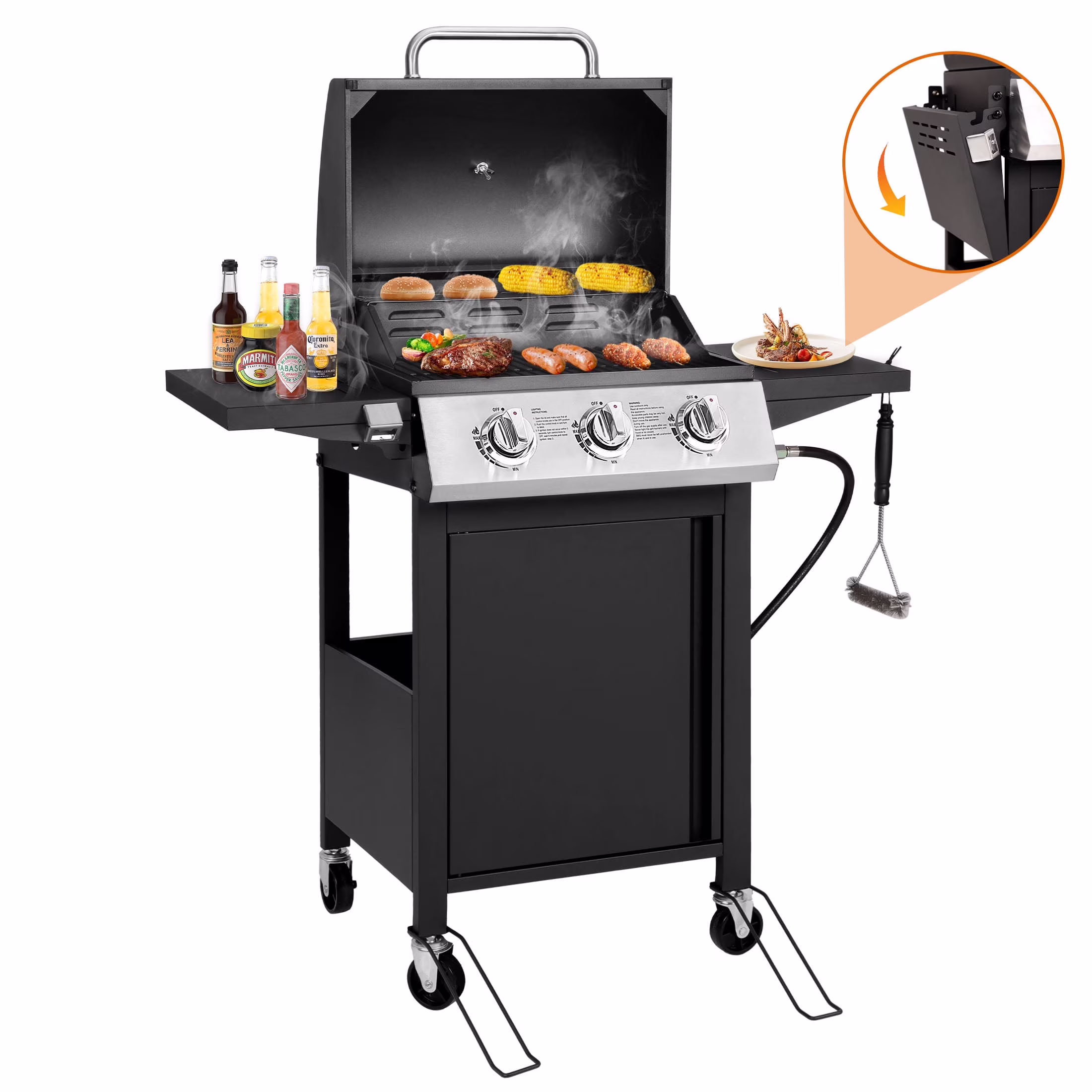 SEGMART 4 Burner BBQ Propane Gas Grill, Stainless Steel 40,000 BTU Patio Garden Barbecue Grill with Folding Side Tables, Cleaning Brush & Thermometer, Perfect for Camping, Outdoor Cooking - Image 3